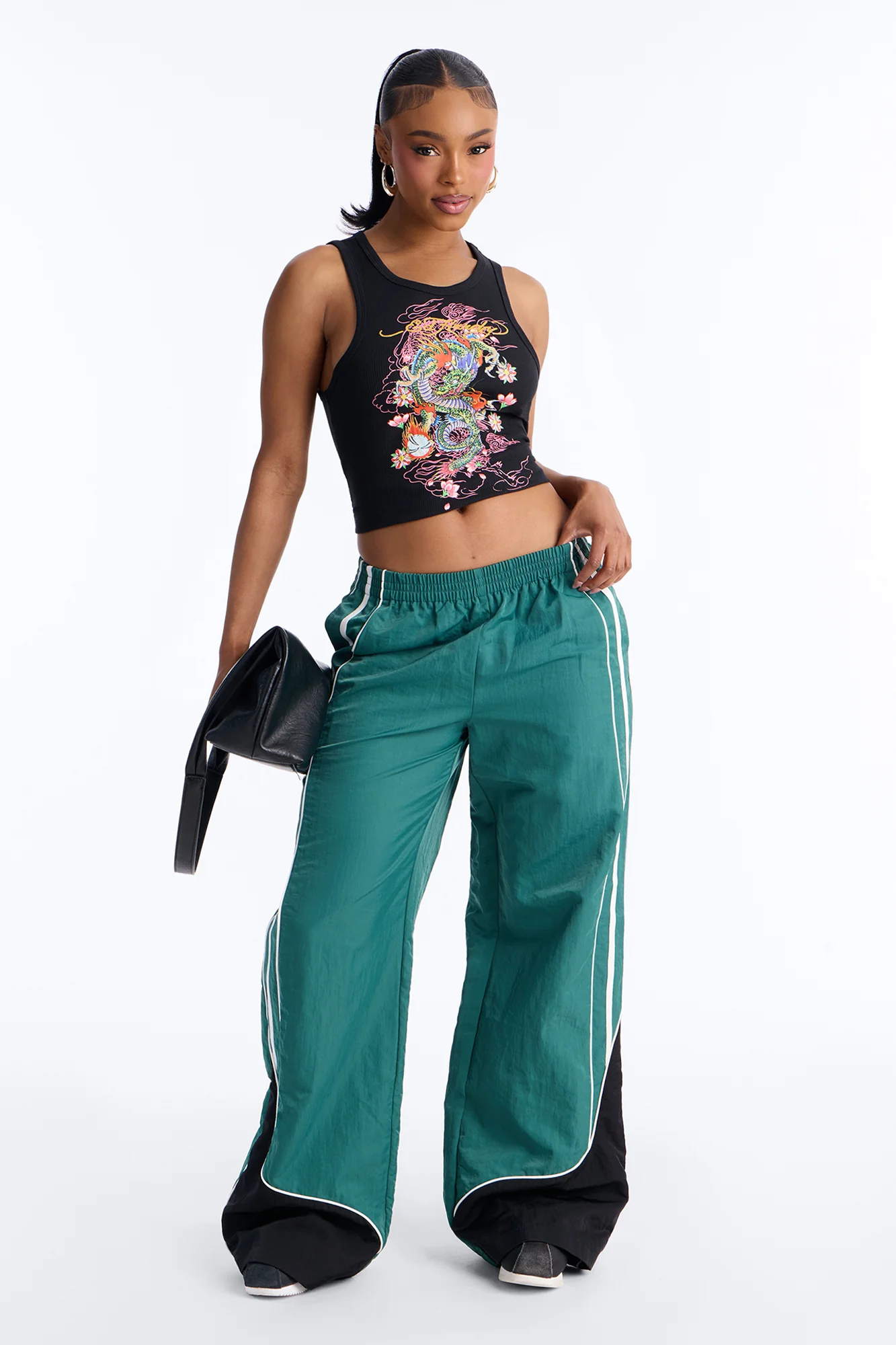 Erin Low Rise Colorblock Wide Leg Windbreaker Pant 33″ - Green/combo