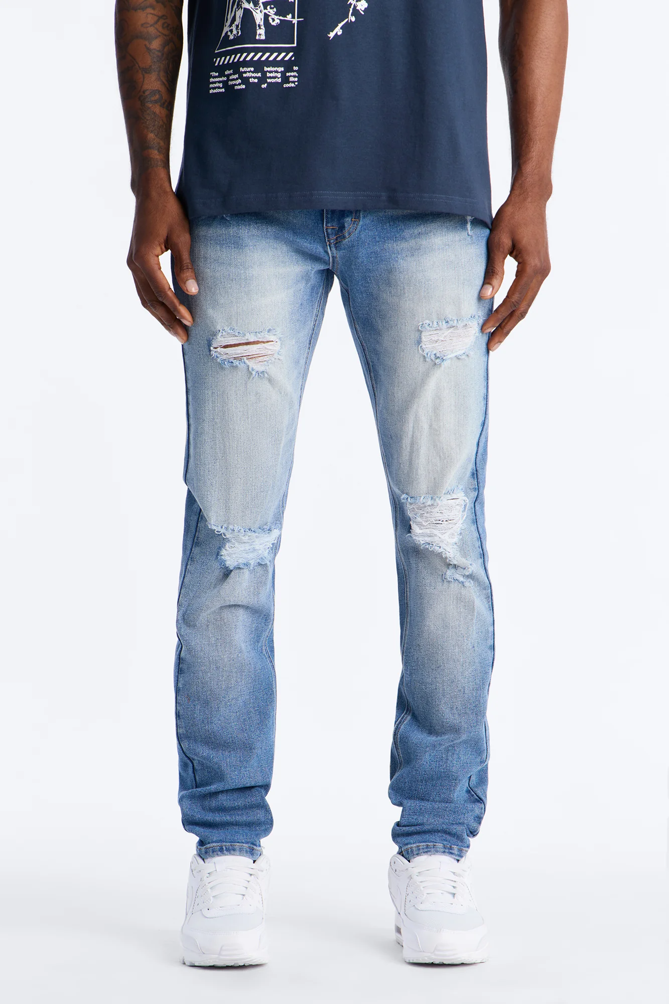 Essential Destroyed Skinny Stretch Jean - Medium Blue Wash