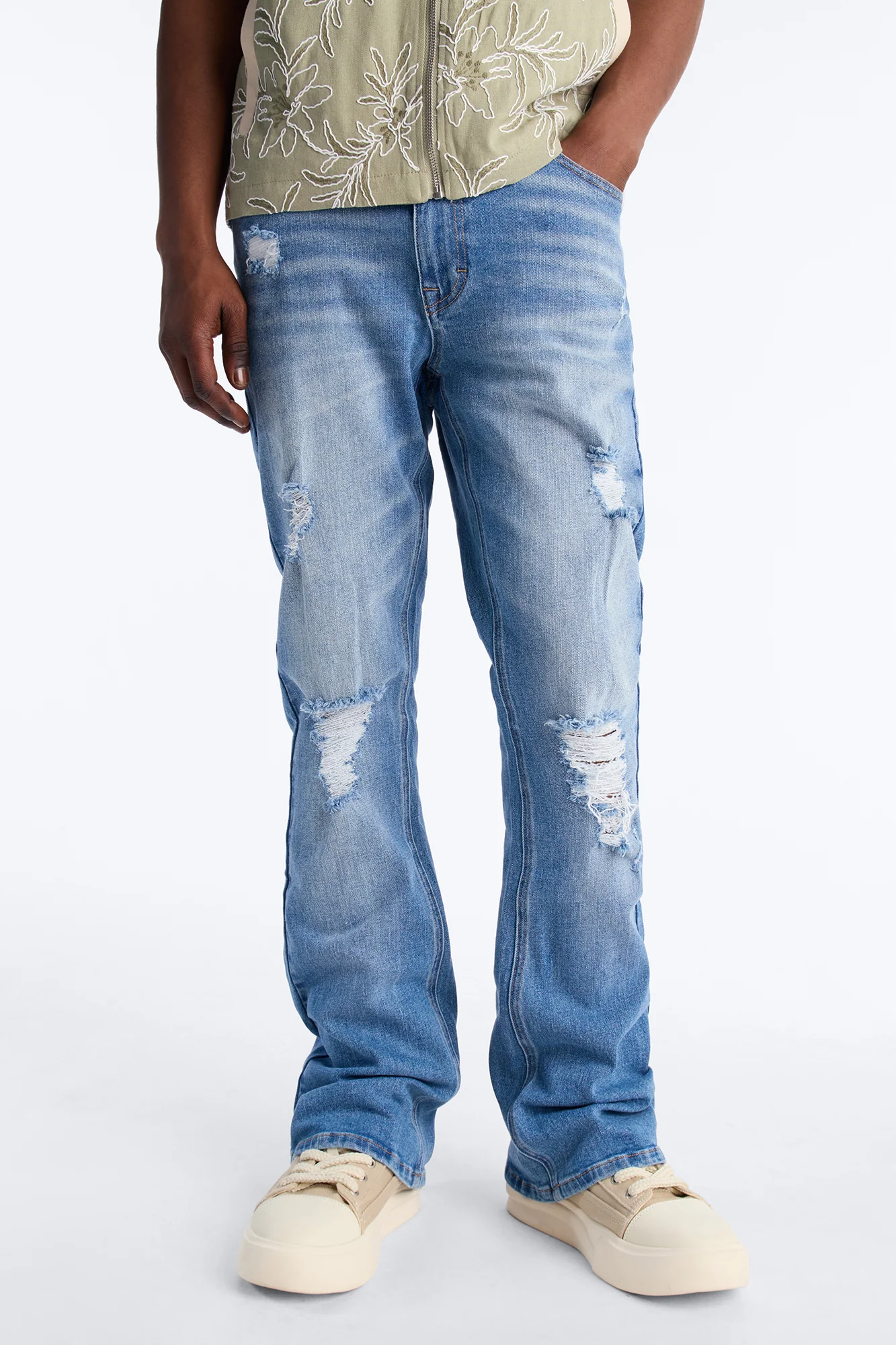 Essential Destroyed Stacked Skinny Flare Stretch Jean - Medium Blue Wash