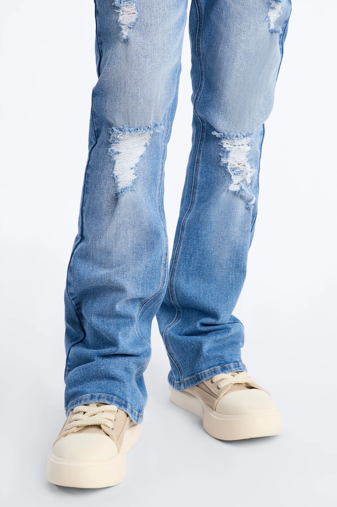 Essential Destroyed Stacked Skinny Flare Stretch Jean - Medium Blue Wash - Image 4