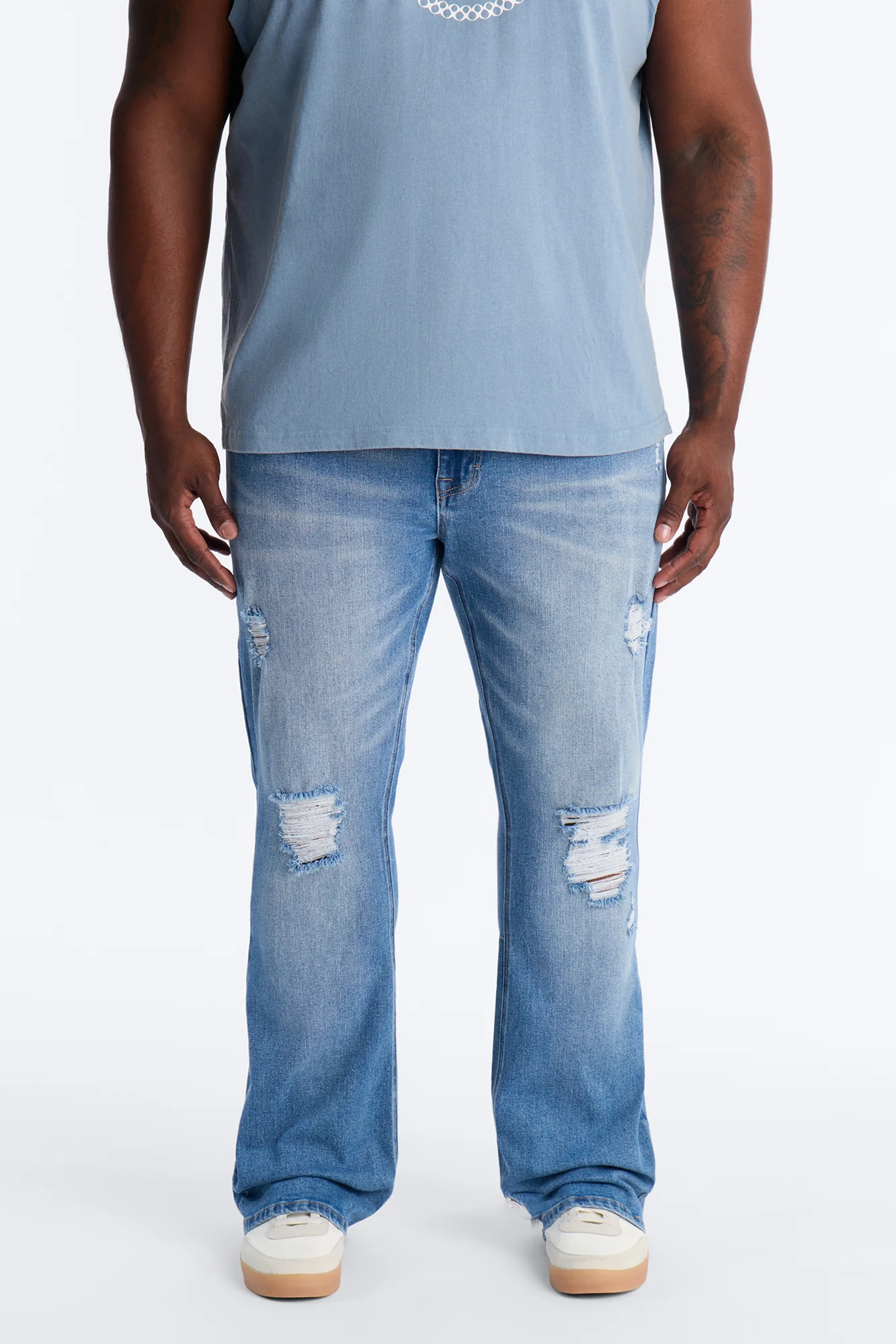 Essential Destroyed Stacked Skinny Flare Stretch Jean - Medium Blue Wash - Image 6