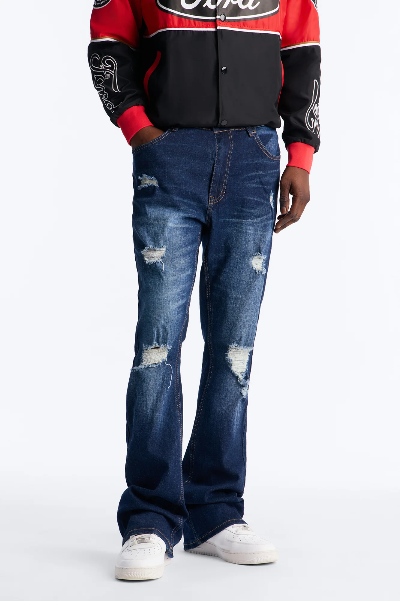 Essential Destroyed Stacked Slim Flare Stretch Jean - Dark Wash