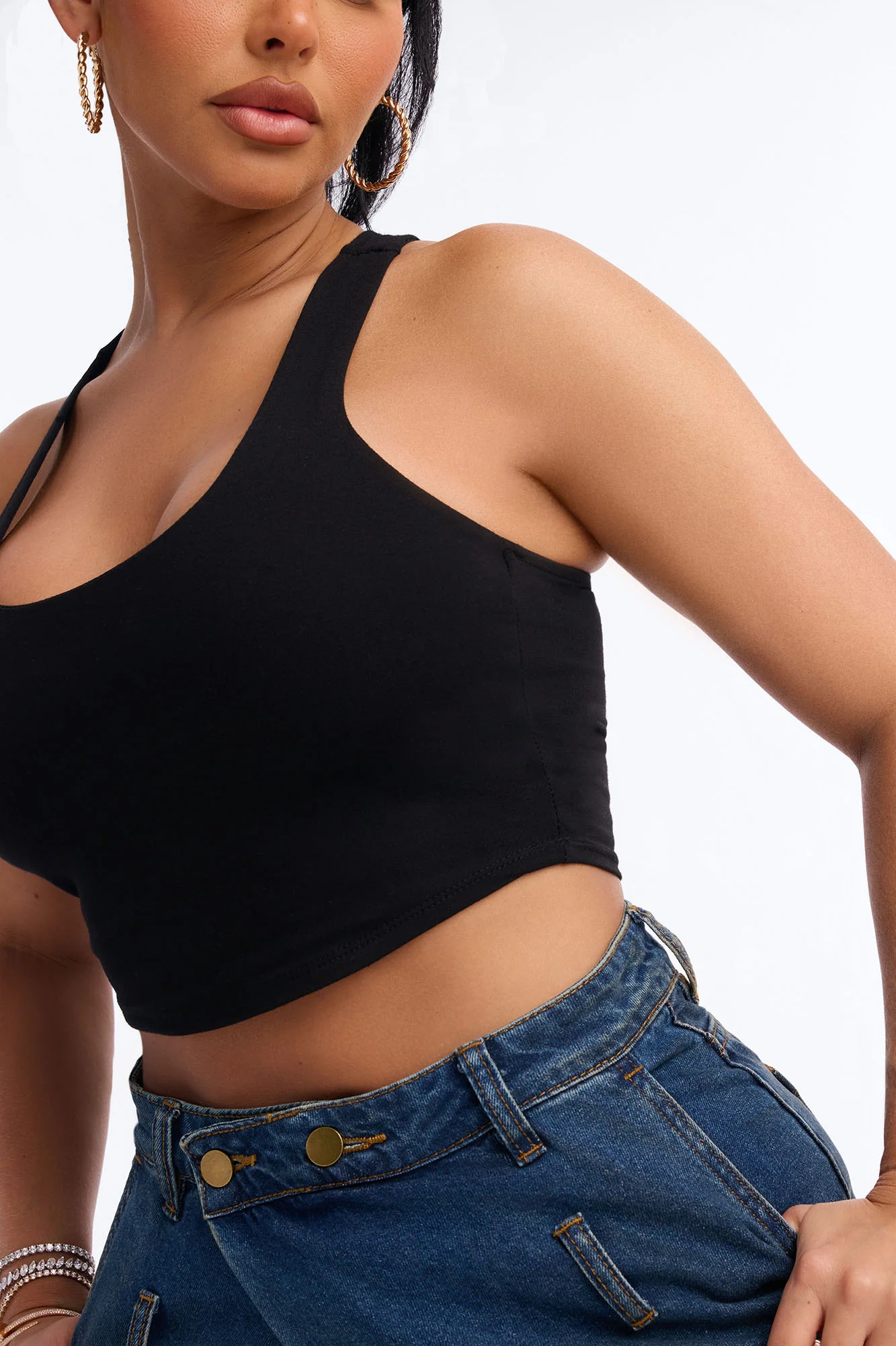 Evalyn Double Lined Cropped Racerback Tank Top - Black - Image 3
