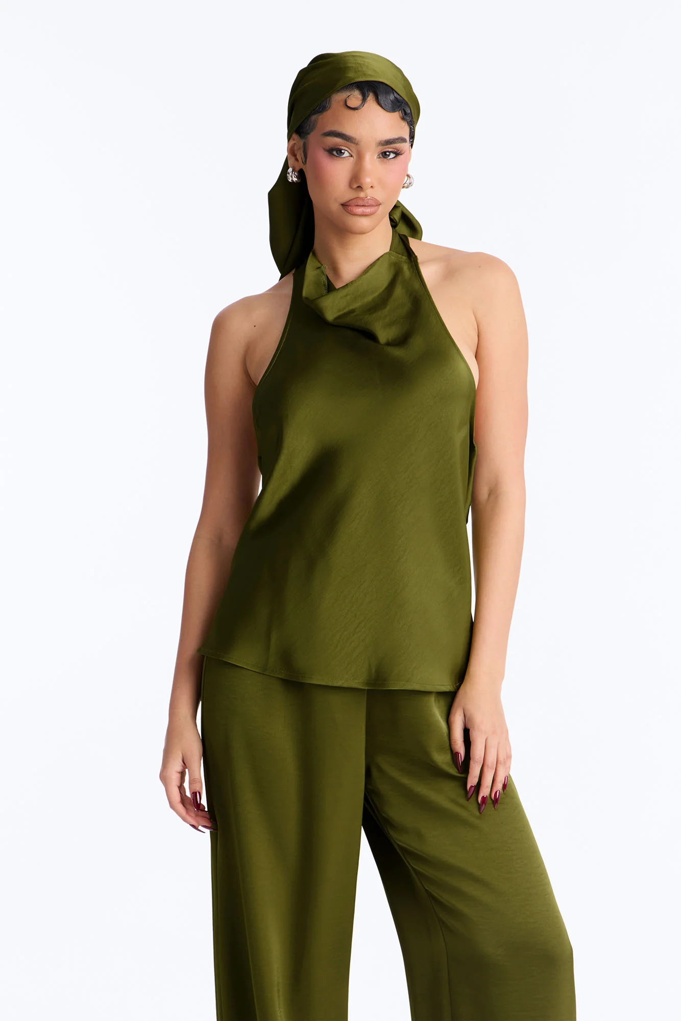Eve Satin Halter 3 Piece Pant Set - Green - Image 2