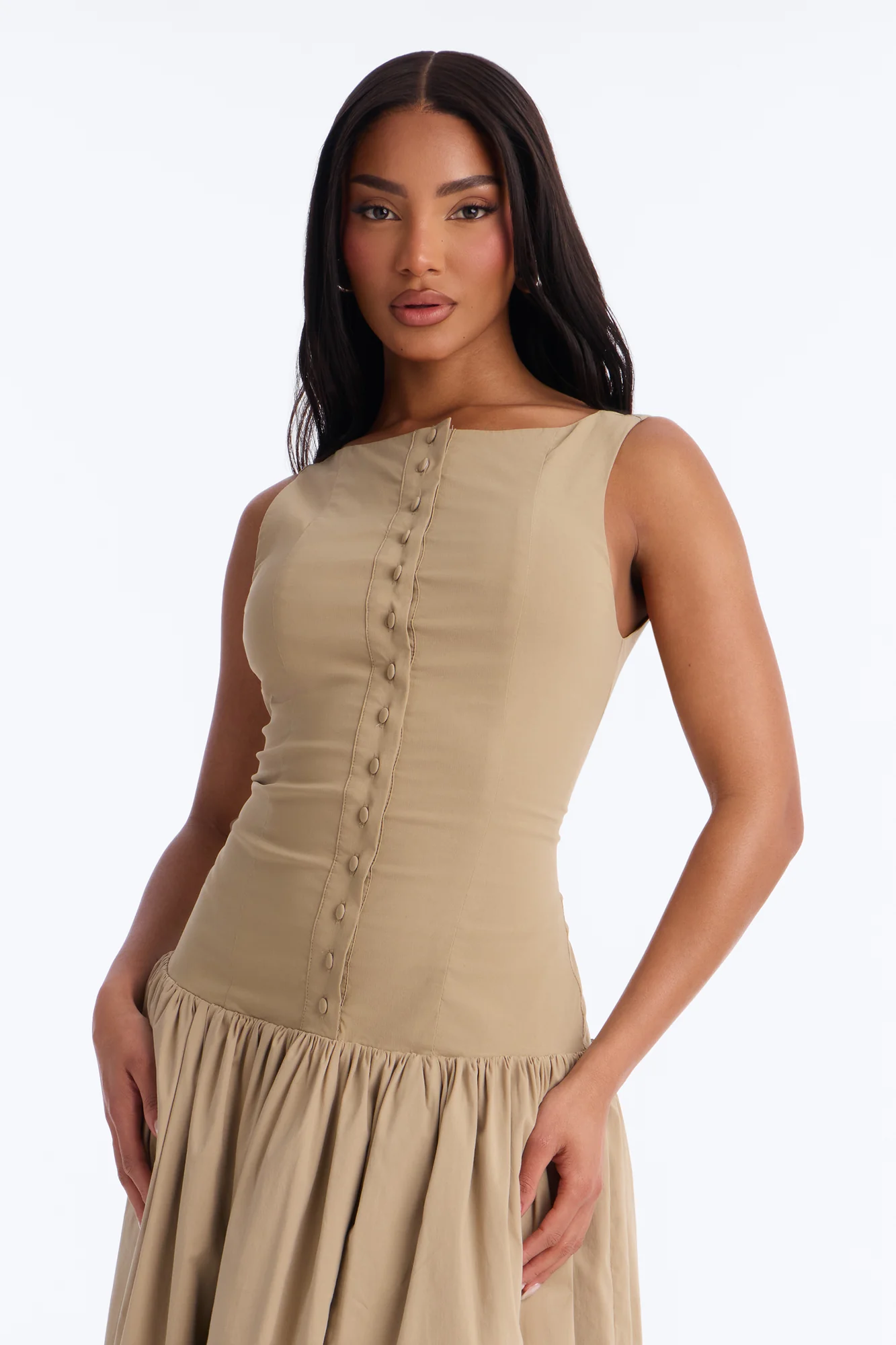 Everly Drop Waist Button Up Maxi Dress - Taupe - Image 2