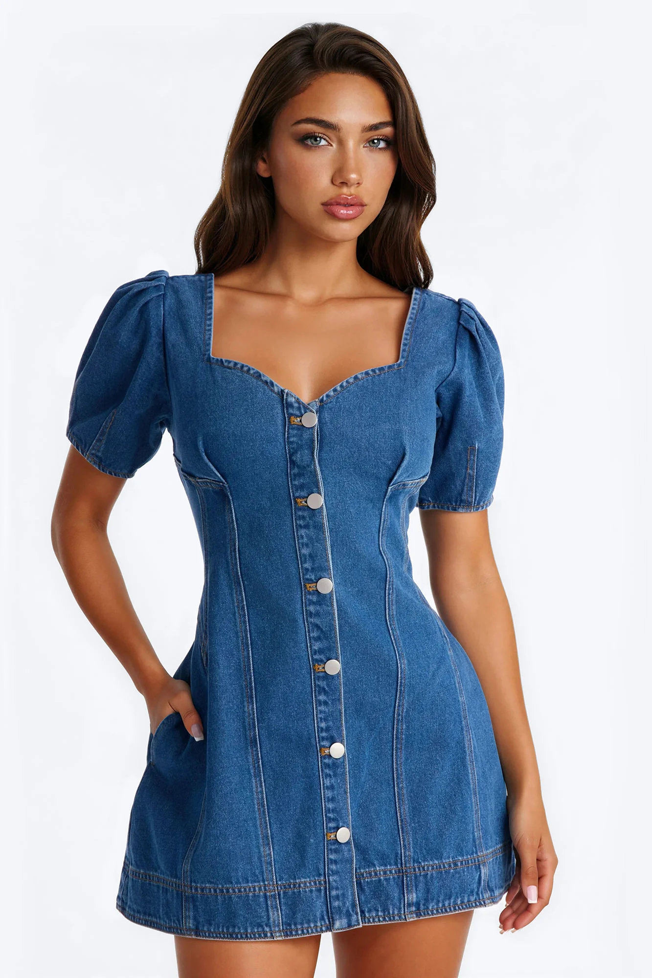 Everly Short Sleeve Denim Mini Dress - Denim - Image 2