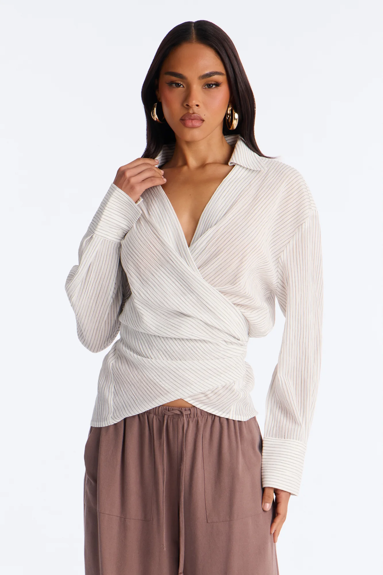 Everyday Mood Tie Waist Pinstripe Linen Blouse - Grey/combo