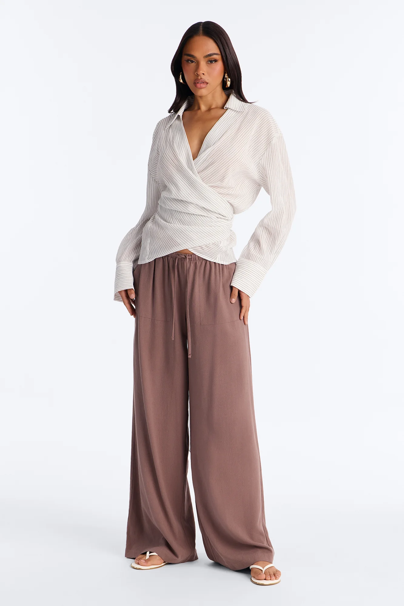 Everyday Mood Tie Waist Pinstripe Linen Blouse - Grey/combo - Image 2