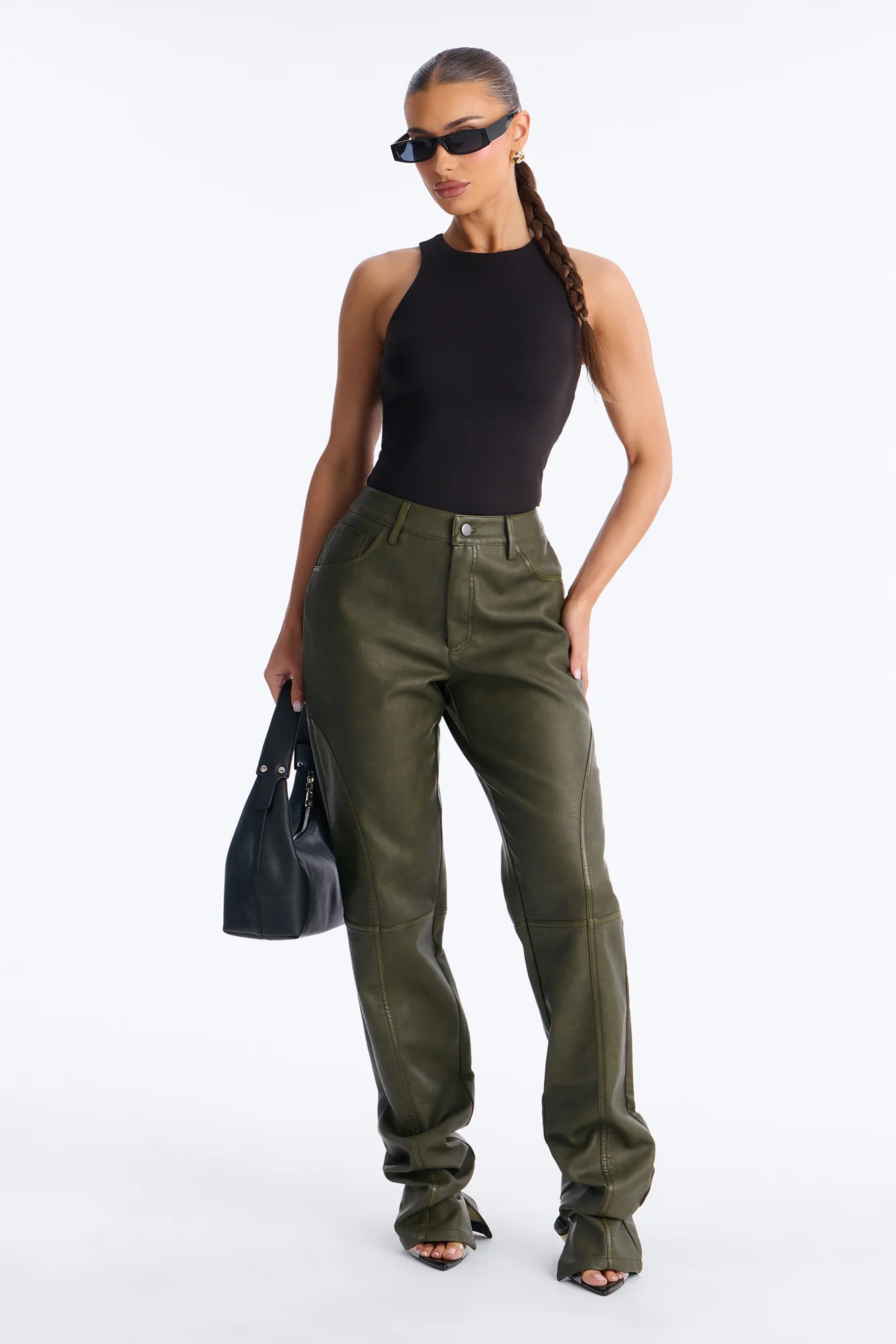 Everyday Stacked Straight Faux Leather Pants - Olive