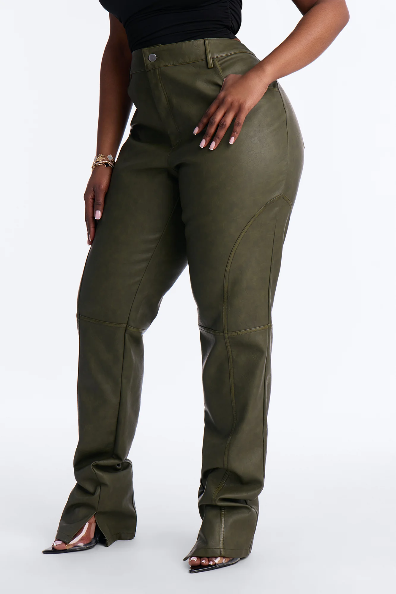 Everyday Stacked Straight Faux Leather Pants - Olive - Image 6