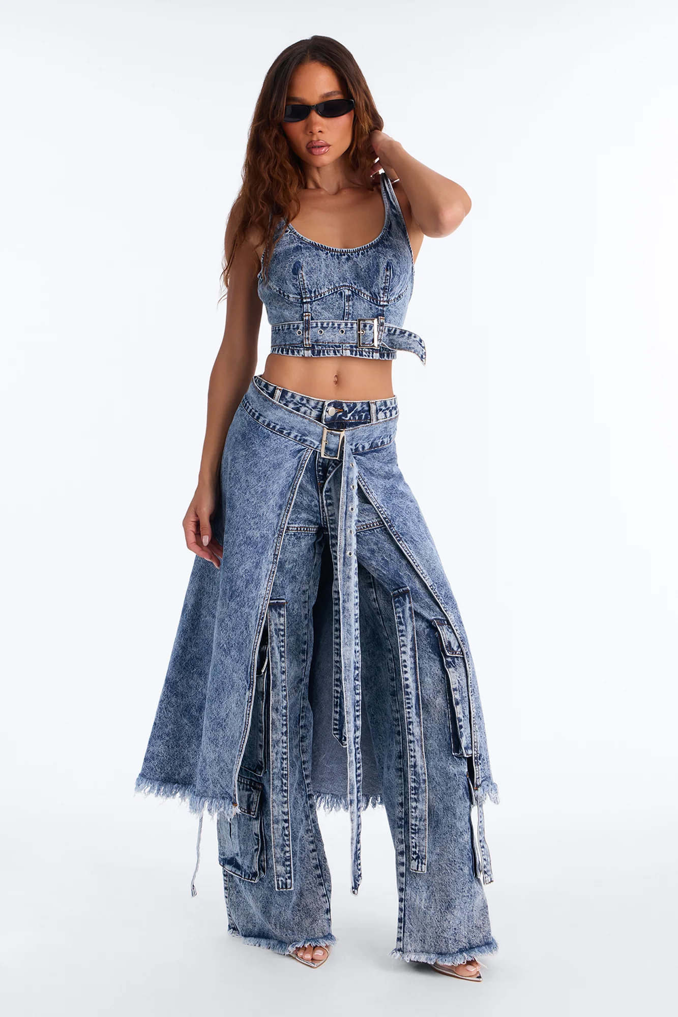 Everything I Wanted Belted Overlay Wide Leg Jeans - Medium Wash