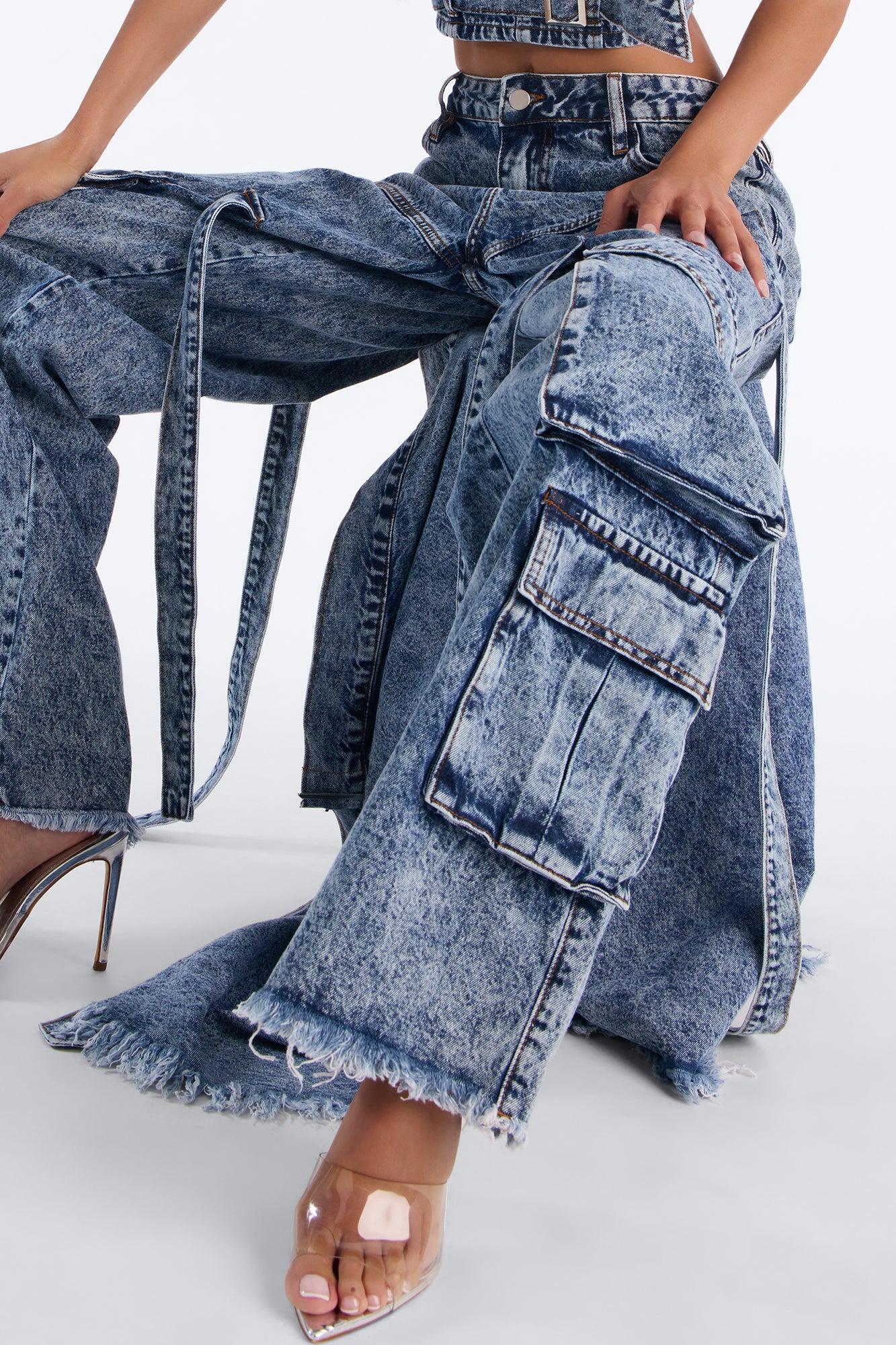 Everything I Wanted Belted Overlay Wide Leg Jeans - Medium Wash - Image 4