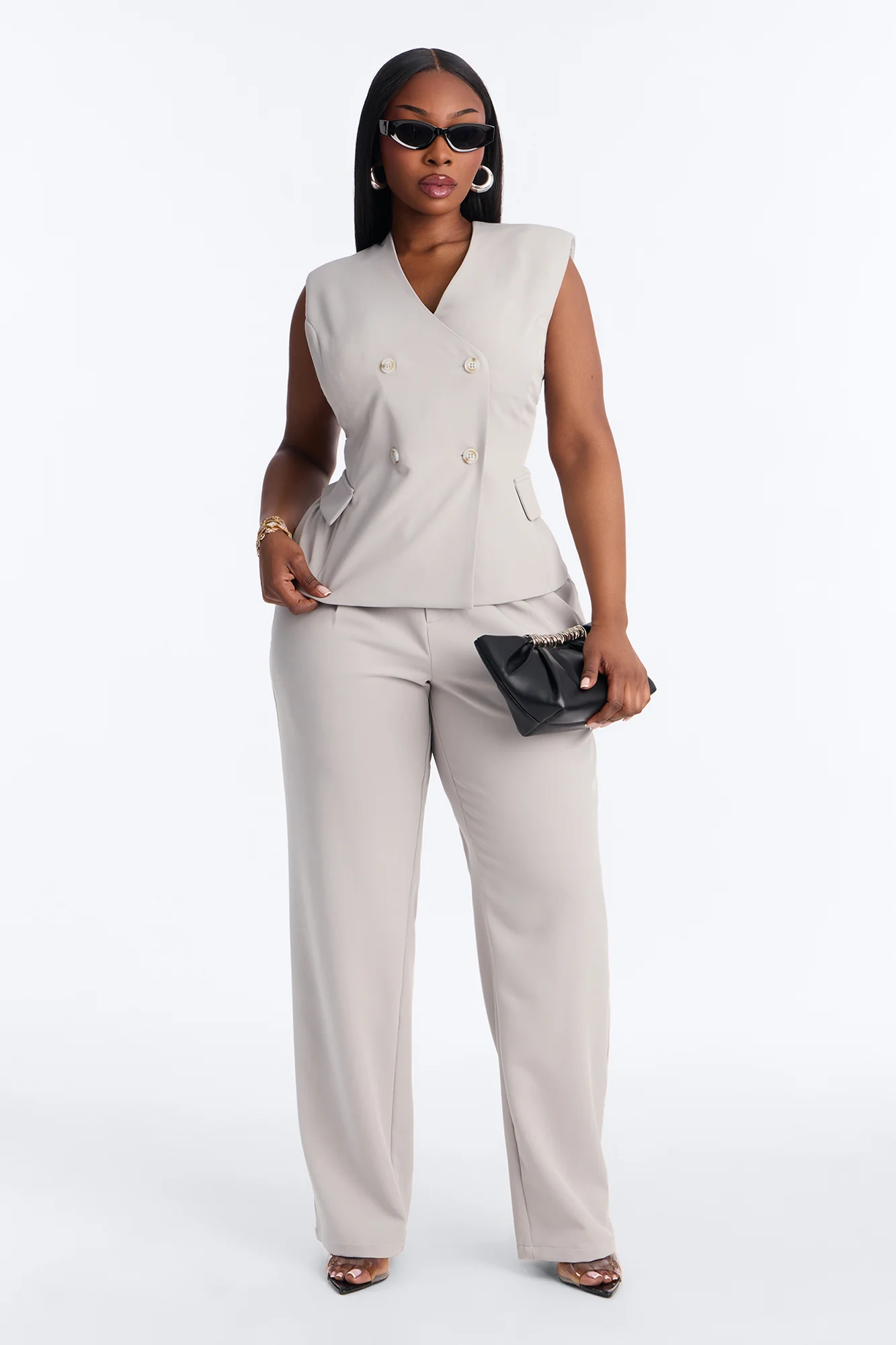 Everything in Order Double Breasted Sleeveless Fitted Blazer - Light Grey - Image 6