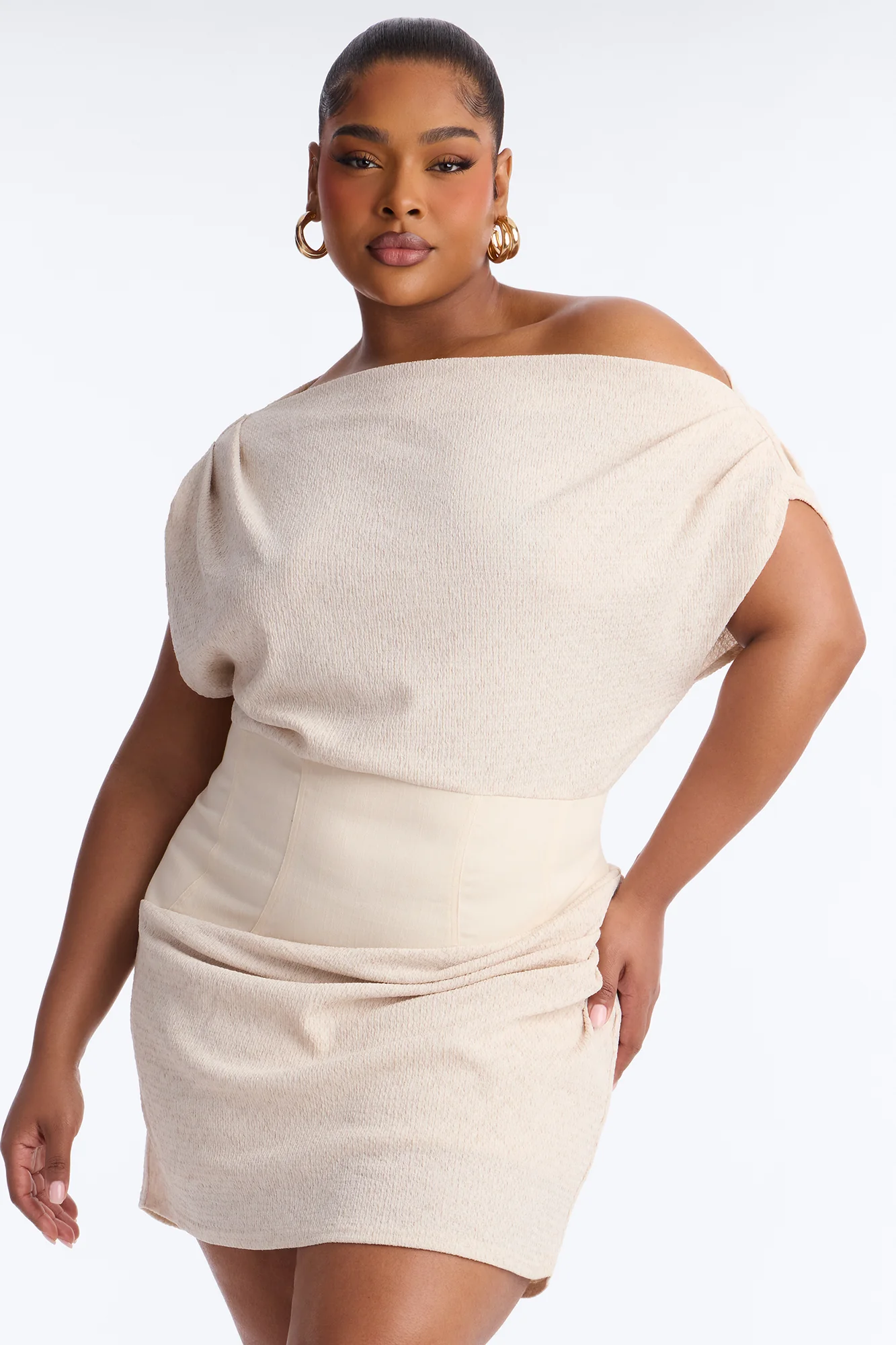 Evianna Short Sleeve Textured Mini Dress - Oatmeal - Image 6