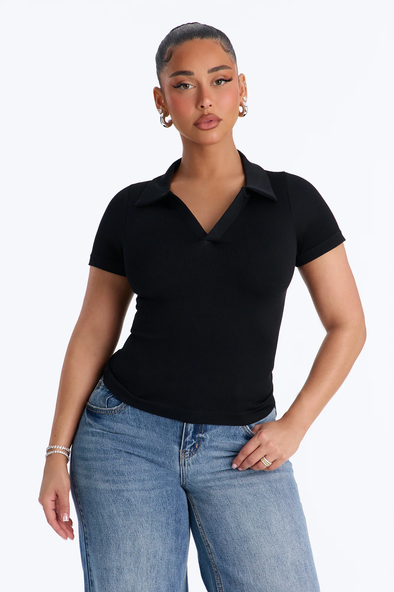 Evie Seamless Basic Polo Top - Black