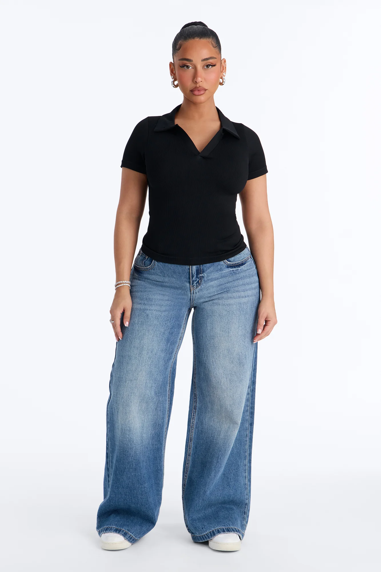 Evie Seamless Basic Polo Top - Black - Image 2