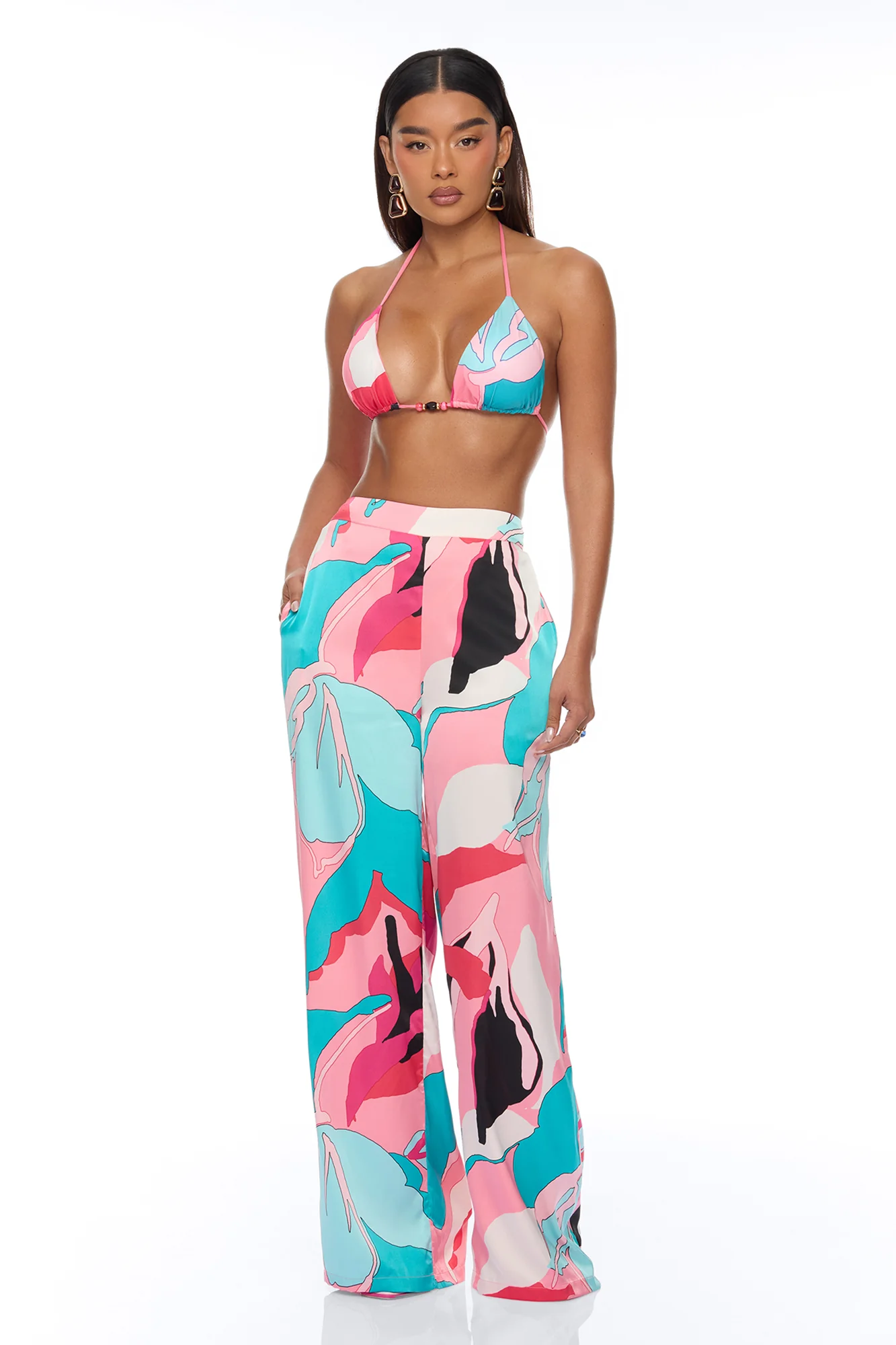 Eyes On Me Satin Kimono Bikini 4 Piece Set - Pink/combo - Image 2