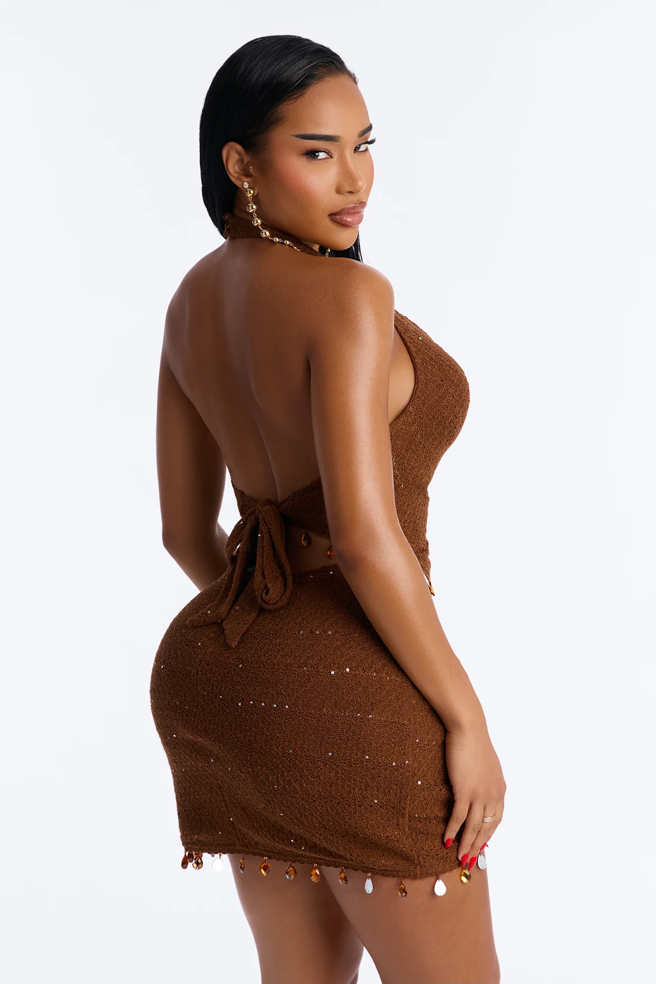 Faelynn Fringe Trim Crochet Mini Dress - Brown - Image 4