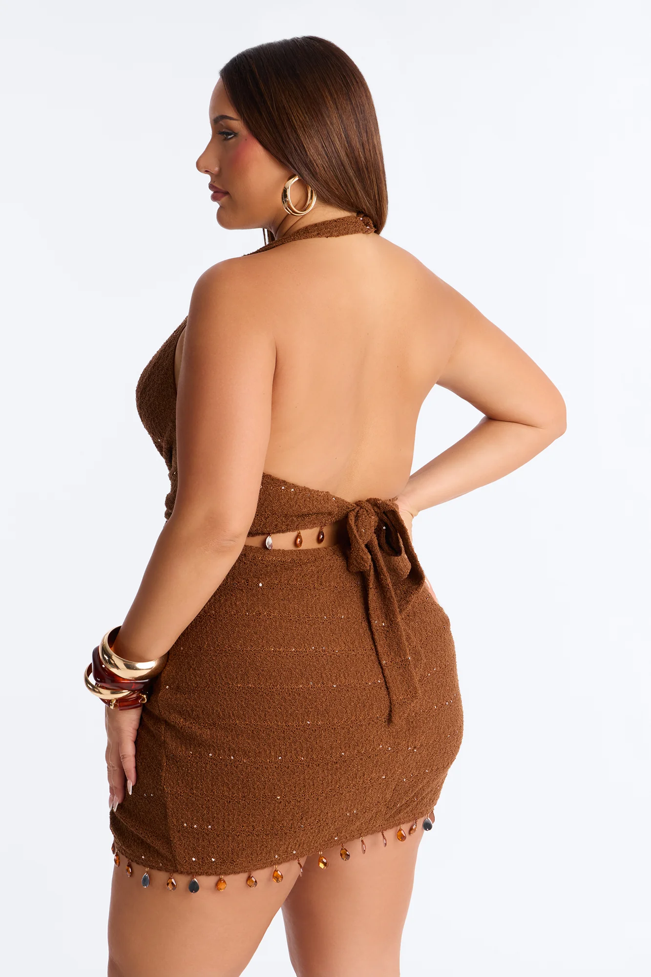 Faelynn Fringe Trim Crochet Mini Dress - Brown - Image 8