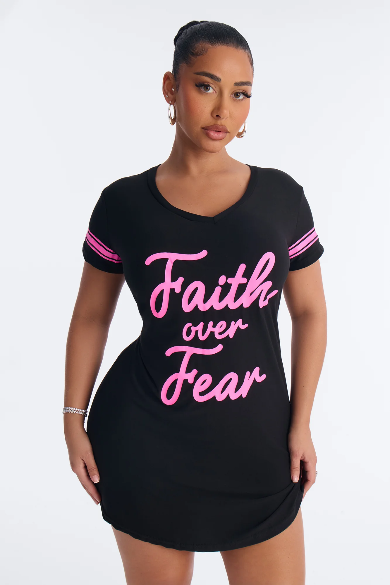Faith Over Fear Short Sleeve PJ Sleep Shirt - Black/Pink
