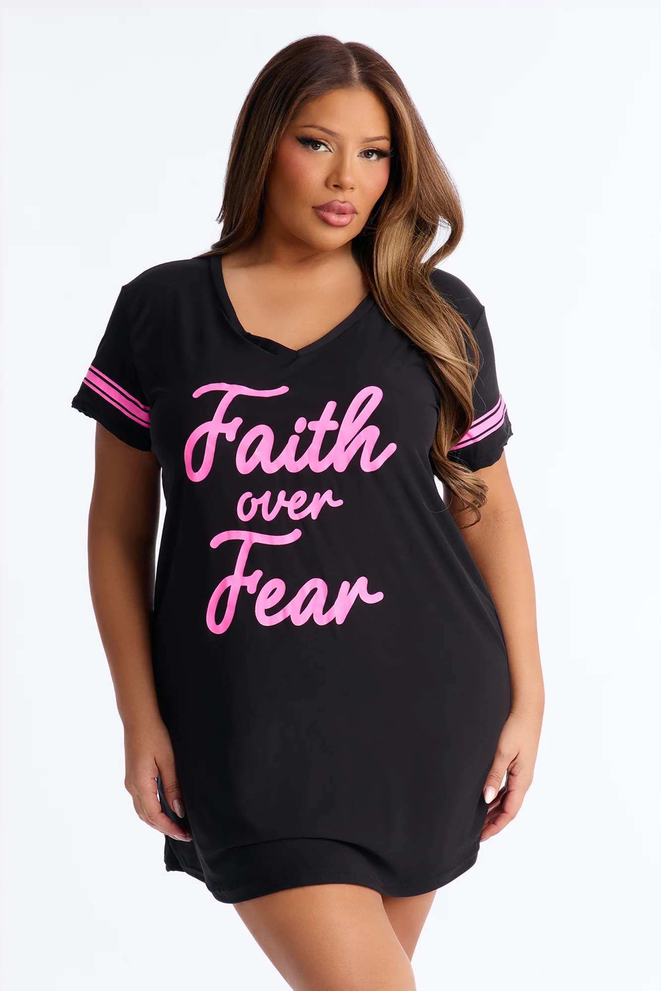 Faith Over Fear Short Sleeve PJ Sleep Shirt - Black/Pink - Image 4