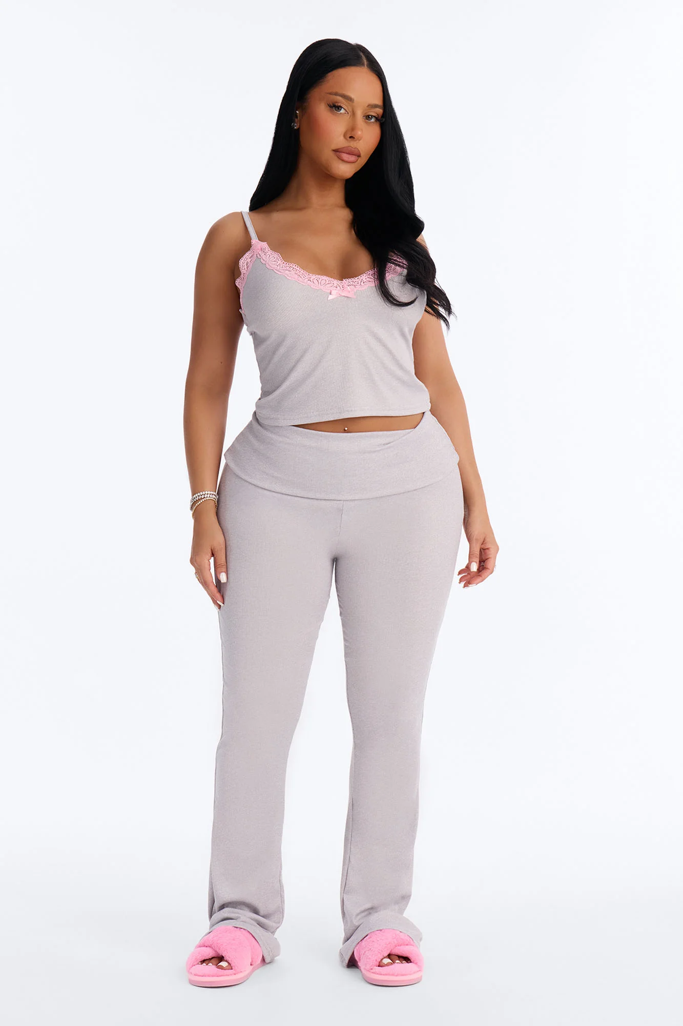 Falling For You Foldover PJ Pant Set - Heather Grey