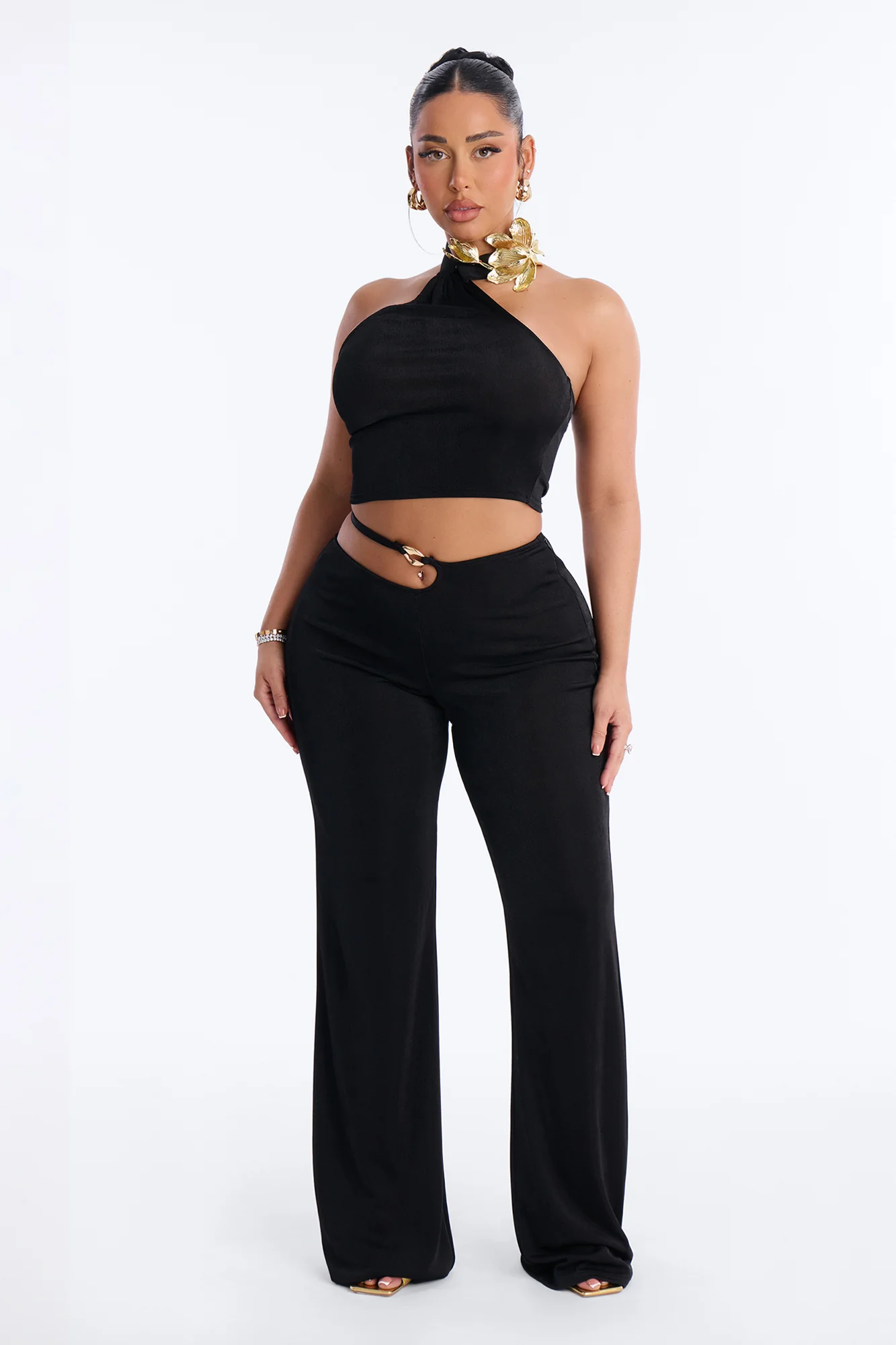 Farrah Hardware Halter Pant Set - Black