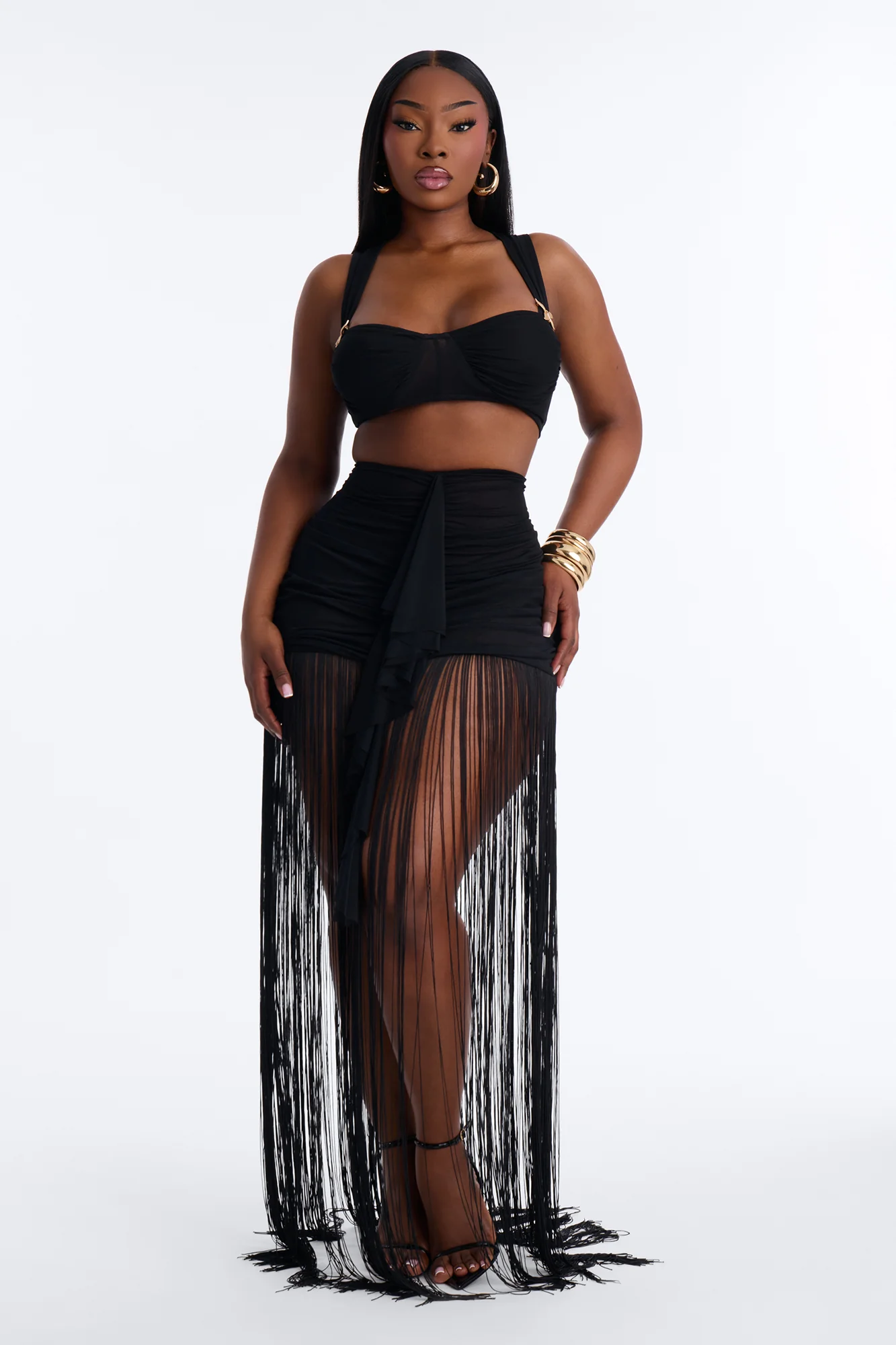 Farrah Mesh Fringe Skirt Set - Black - Image 5
