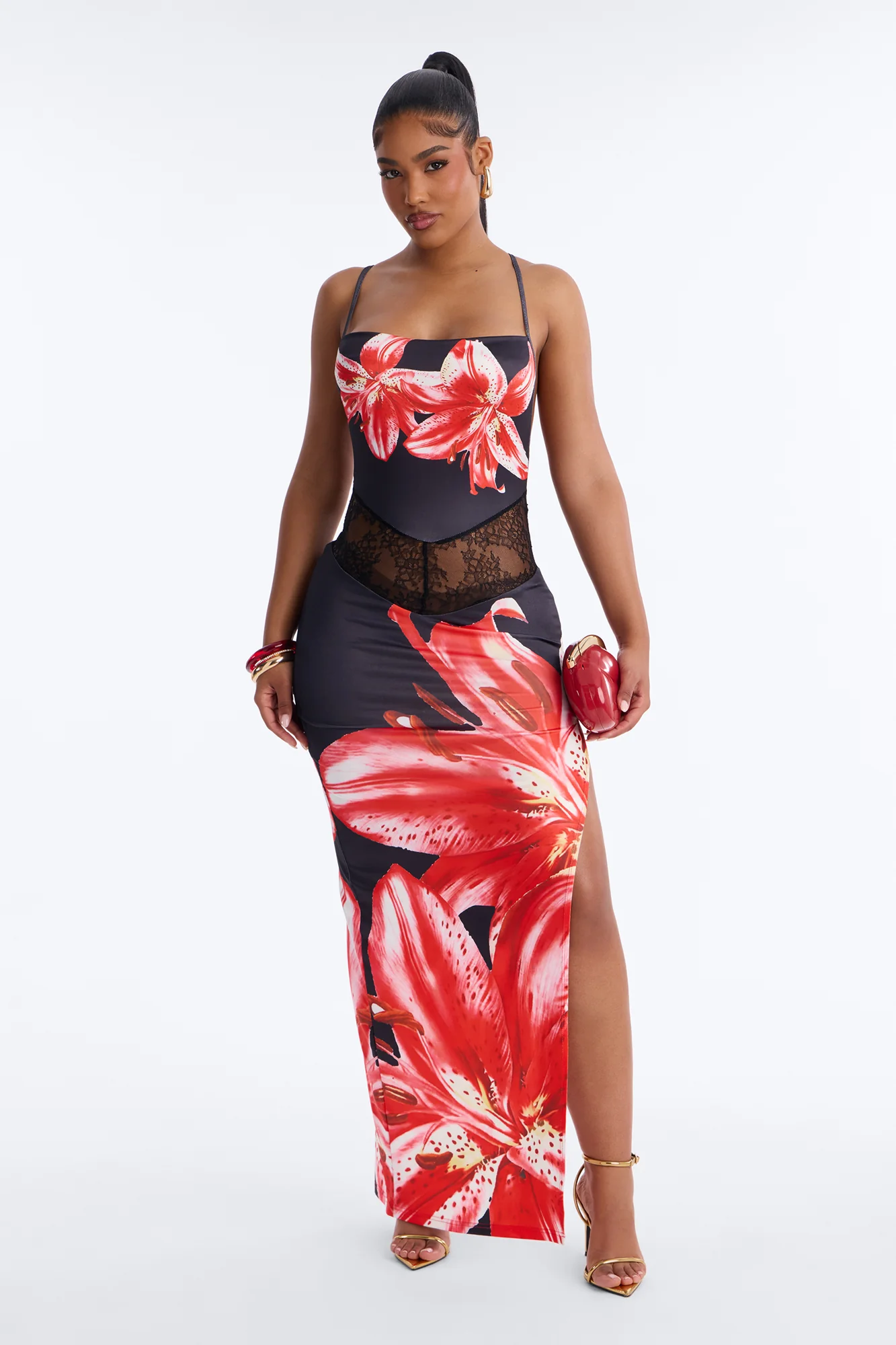 Fatal Floral Cowl Neck Maxi Dress - Red/combo