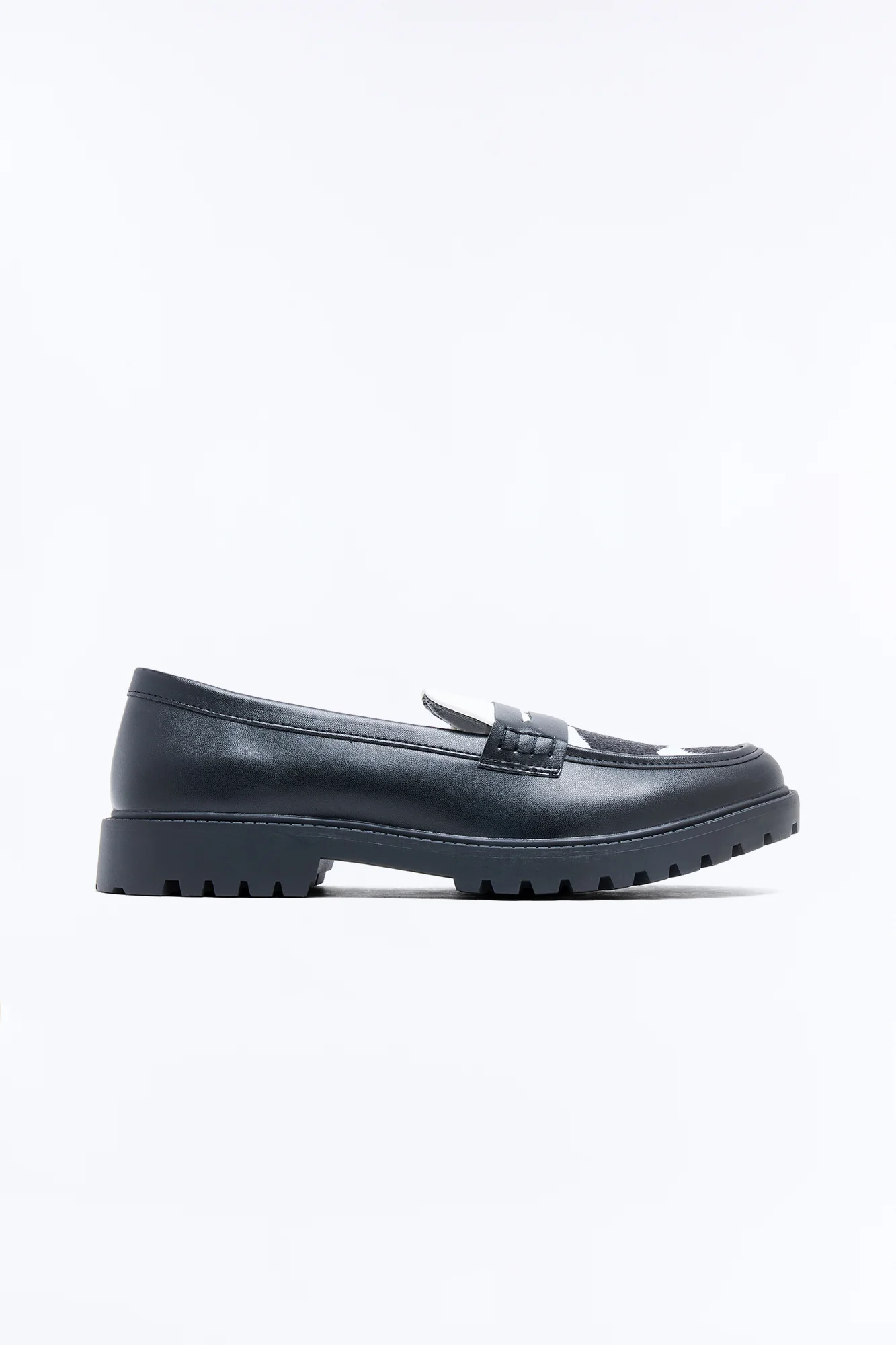 Faux Leather Cow Print Penny Strap Chunky Loafer - Black/White