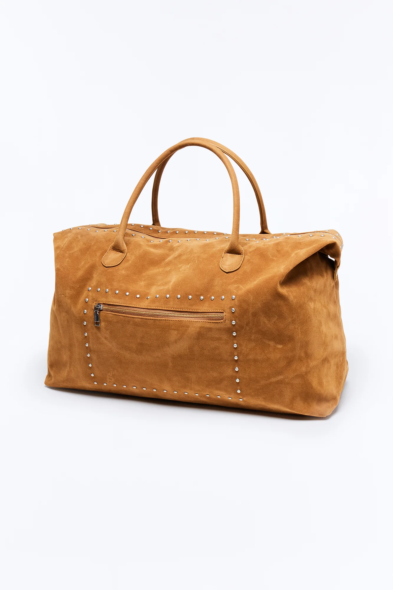 Faux Suede Studded Weekender Bag - Camel - Image 4