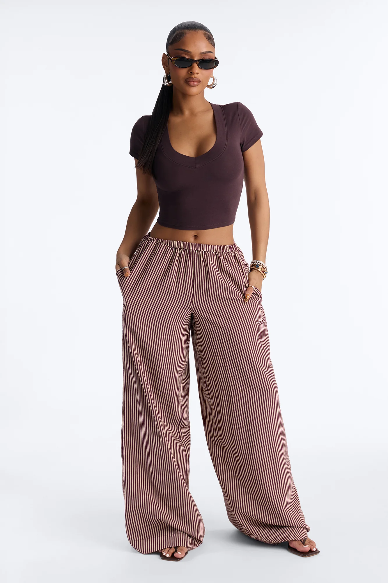 Fawn Stripe Wide Leg Pant 33″ - Chocolate