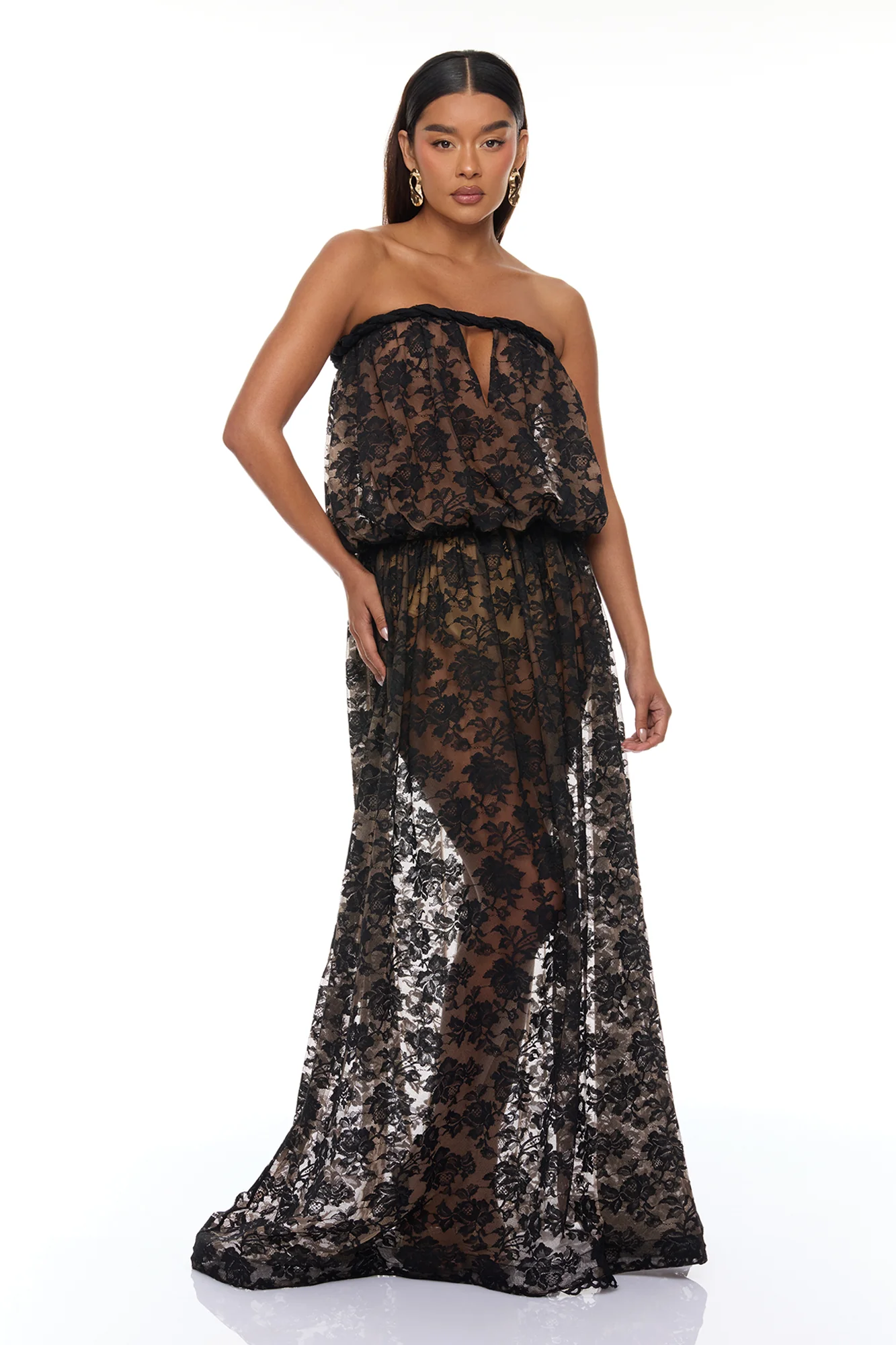 Faye Strapless Lace Maxi Dress - Black