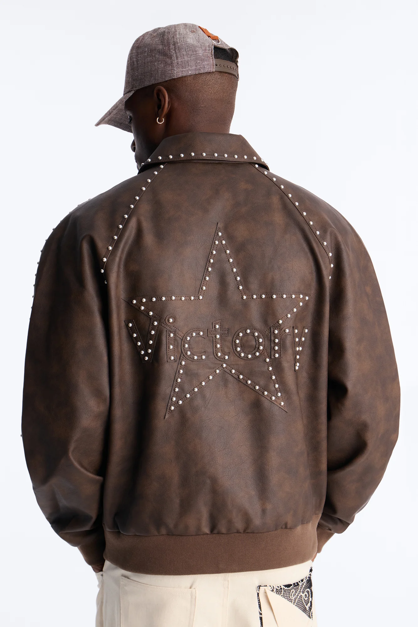 Fearless Victory Faux Leather Studded Bomber Jacket - Brown - Image 3