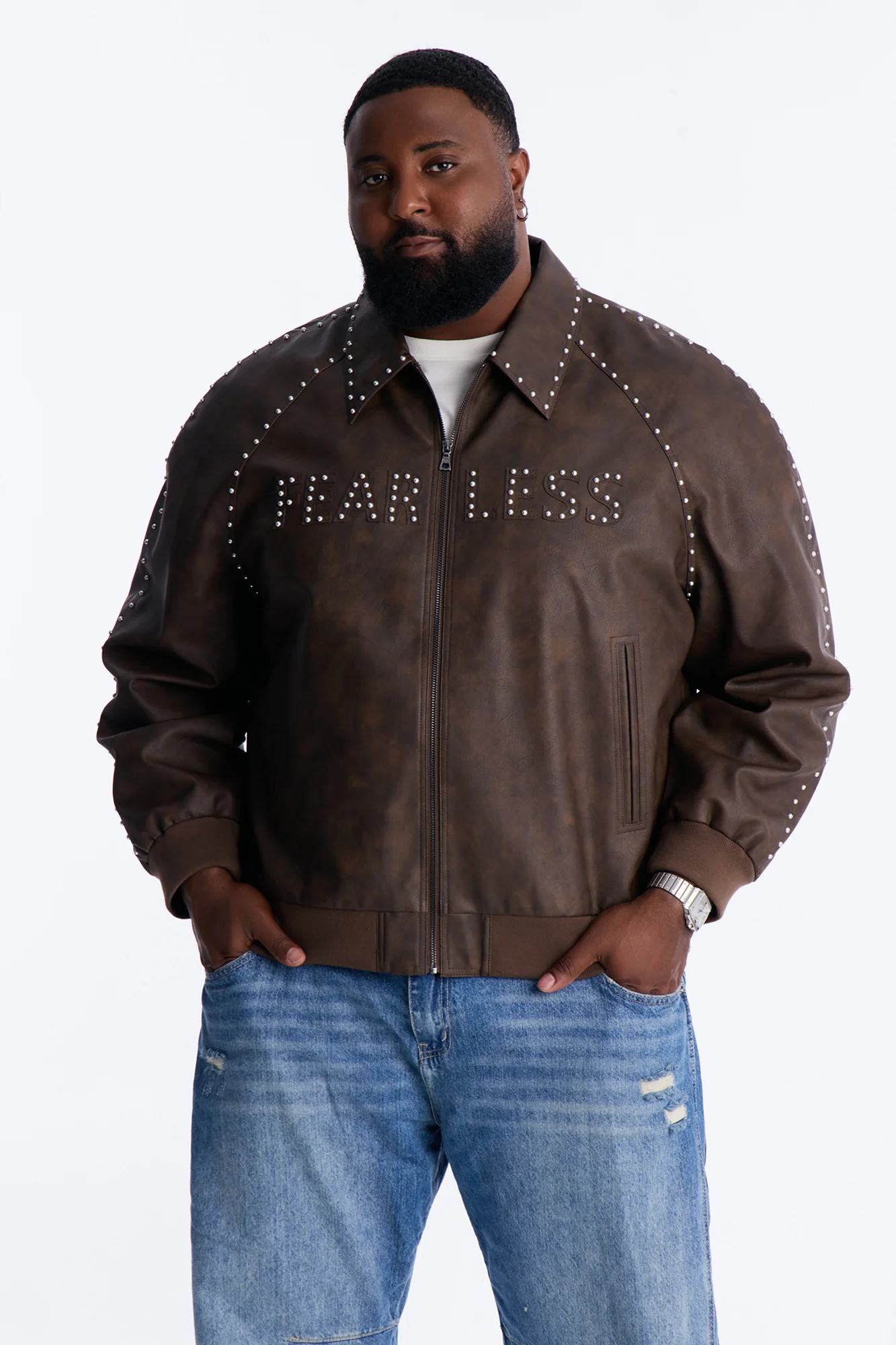 Fearless Victory Faux Leather Studded Bomber Jacket - Brown - Image 4