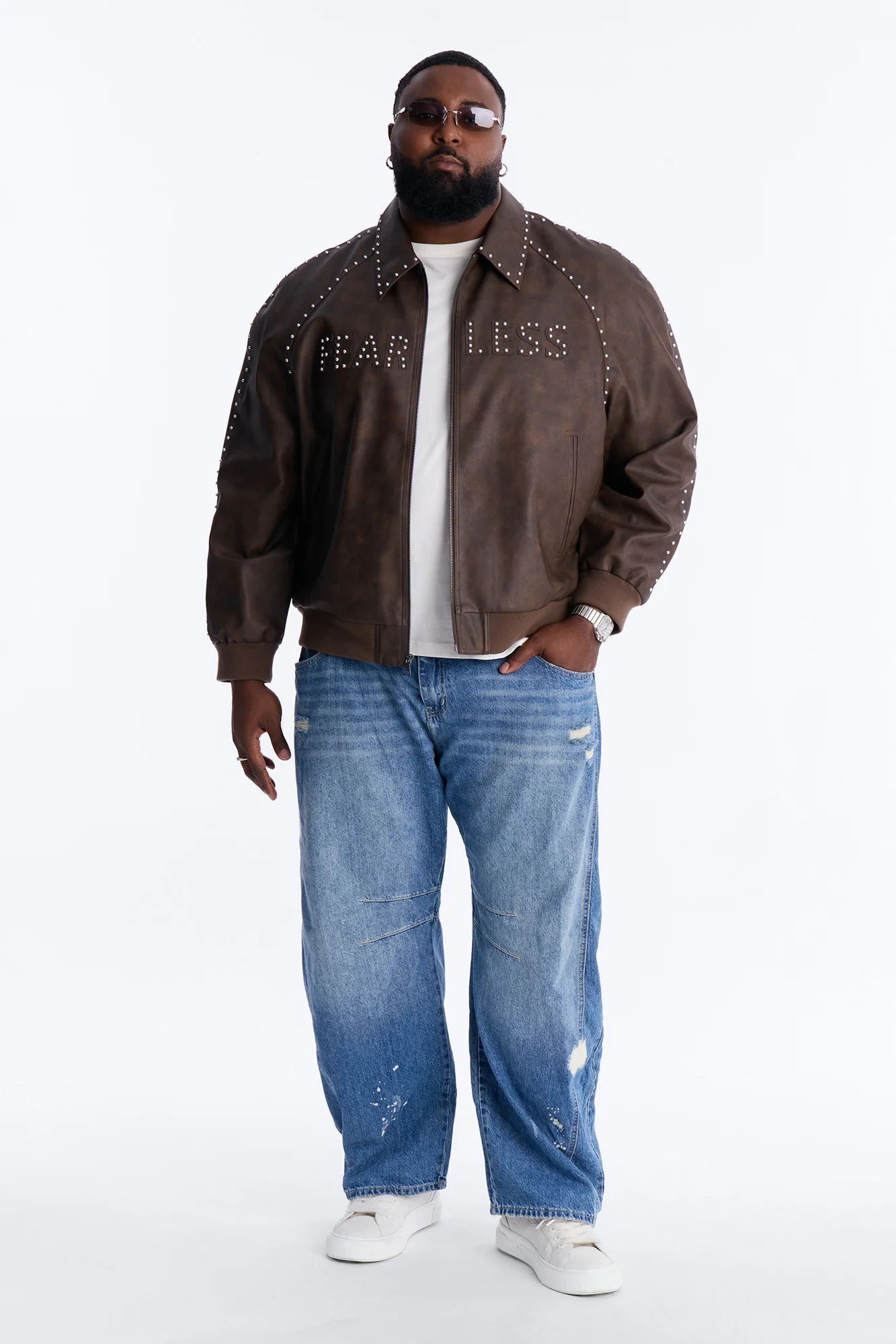 Fearless Victory Faux Leather Studded Bomber Jacket - Brown - Image 5