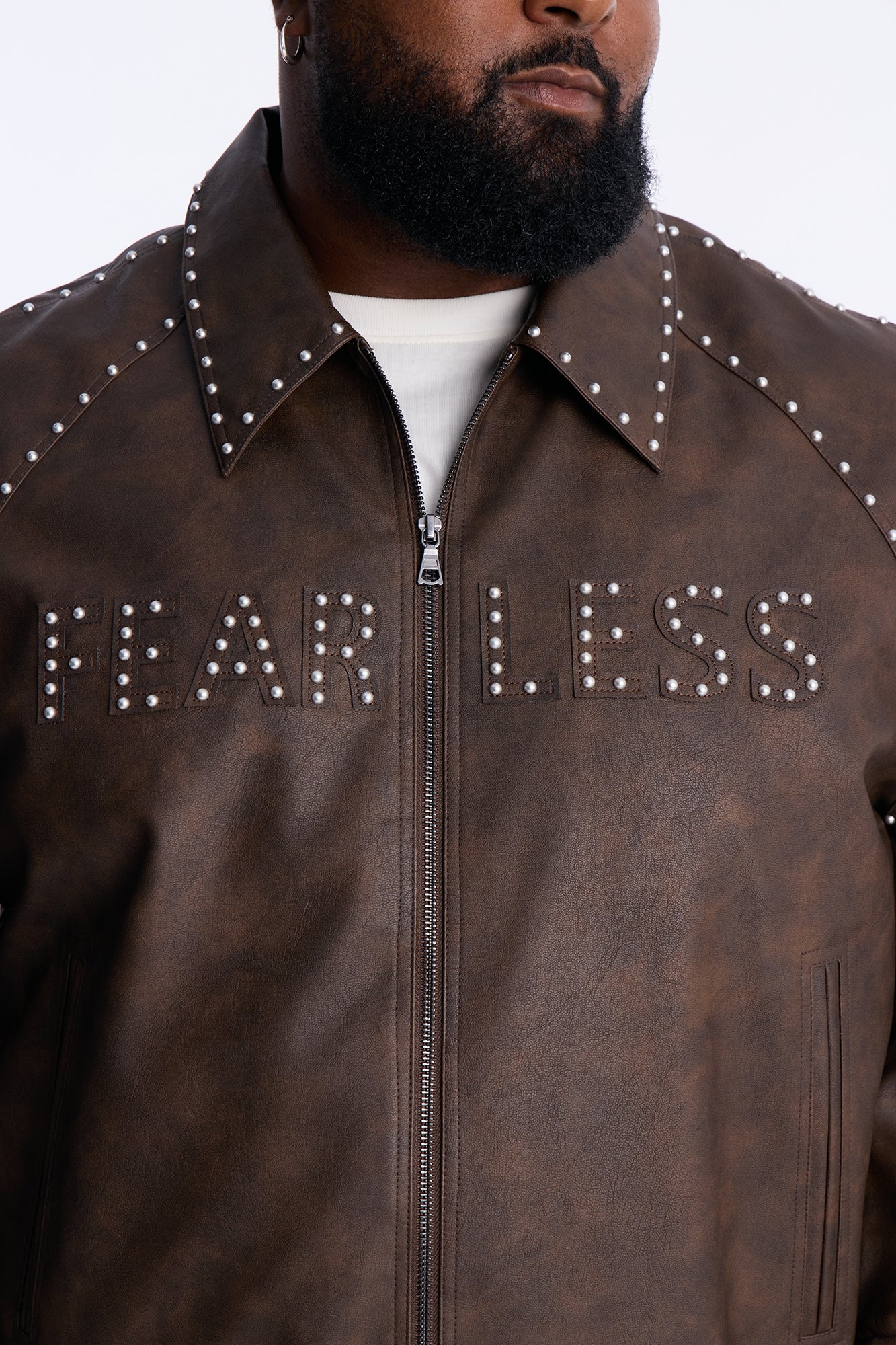 Fearless Victory Faux Leather Studded Bomber Jacket - Brown - Image 6