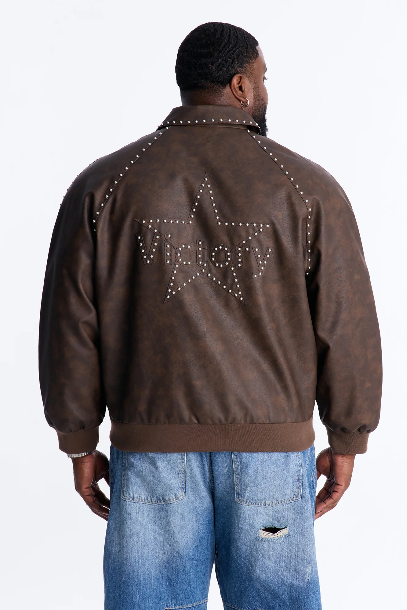 Fearless Victory Faux Leather Studded Bomber Jacket - Brown - Image 7