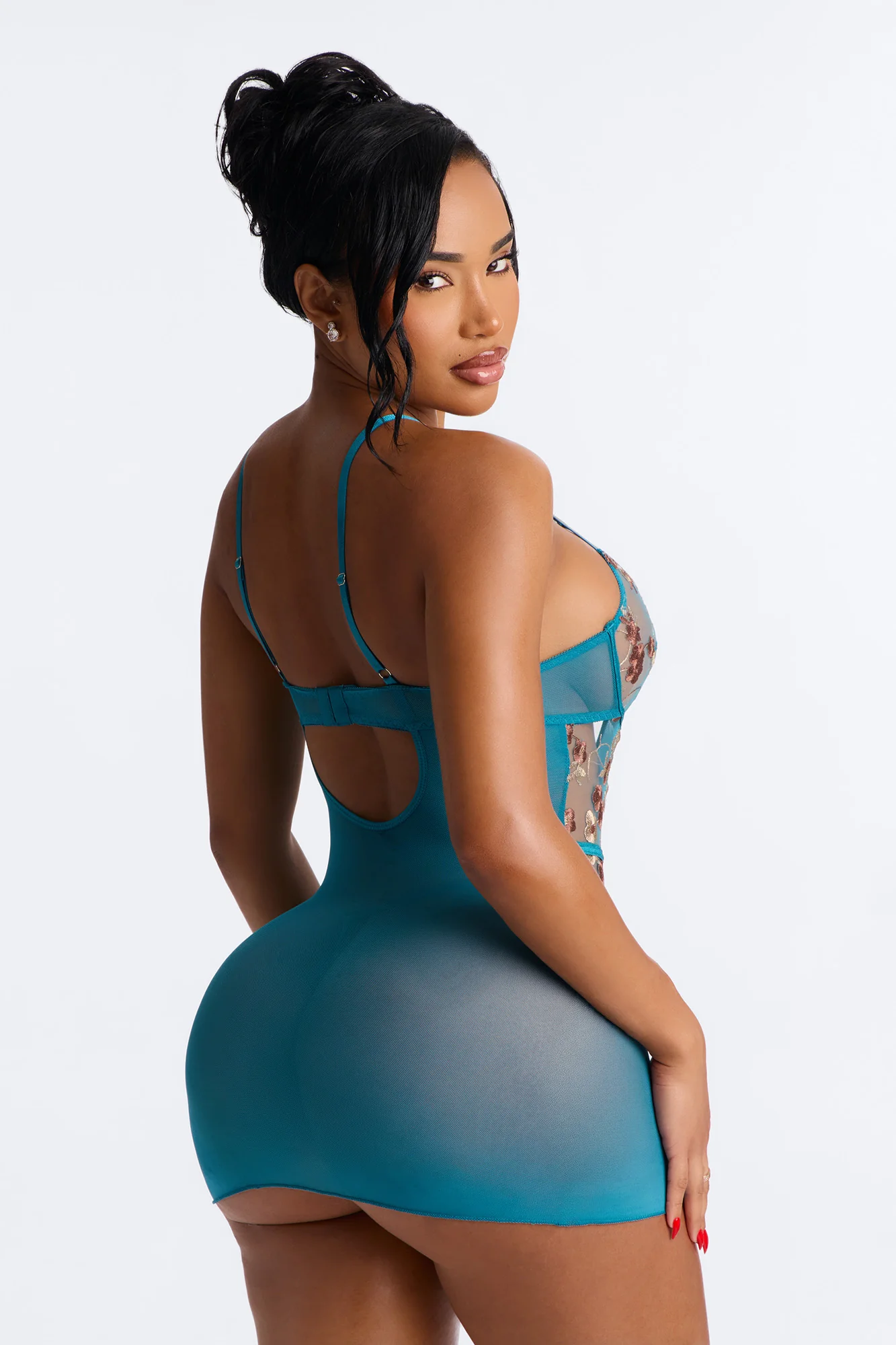 Feel That Way Floral Embroidered Mesh Chemise - Jade/Combo - Image 3