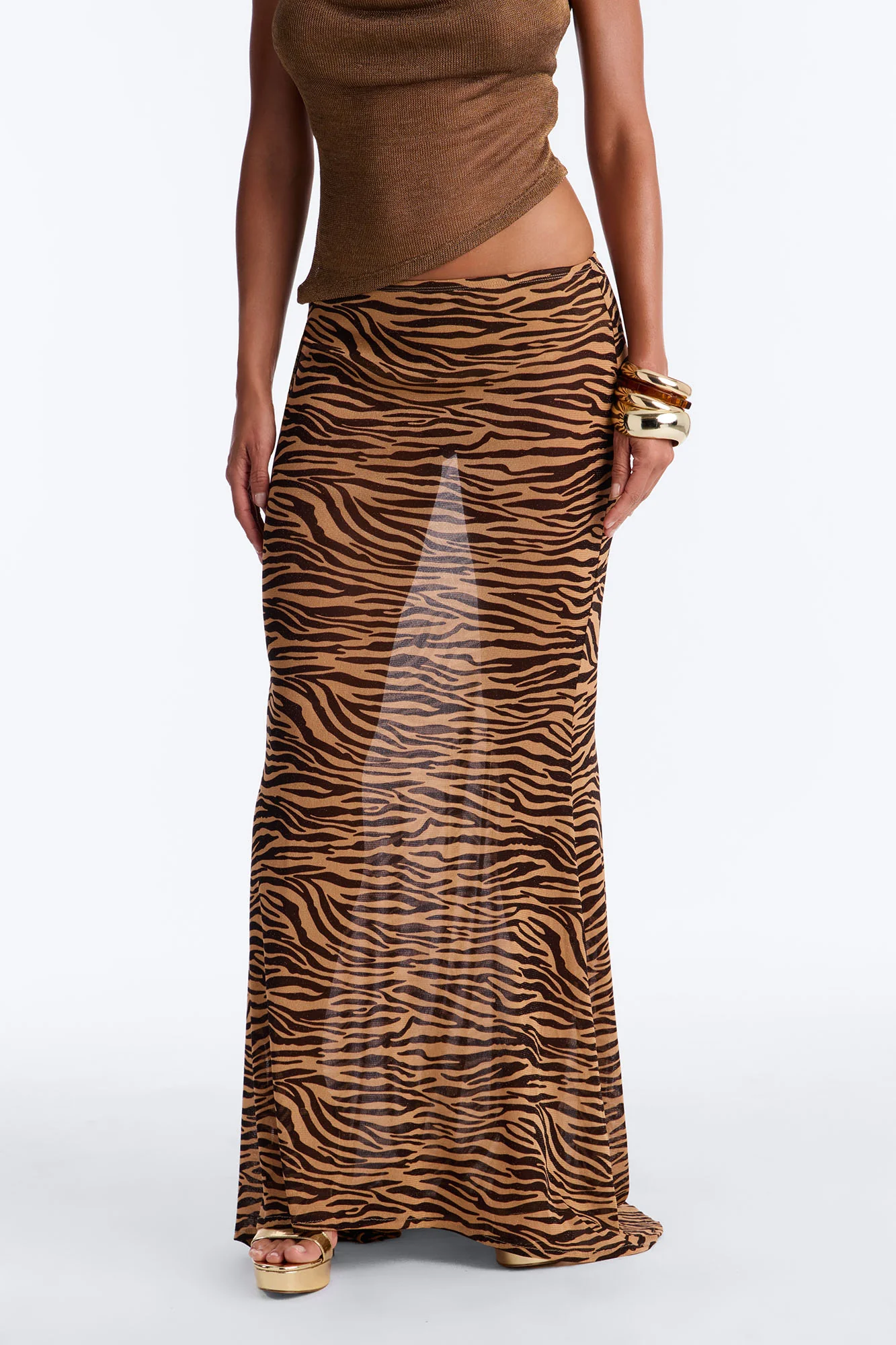 Feeling Fierce Shimmer Tiger Mesh Maxi Skirt - Brown/combo - Image 2
