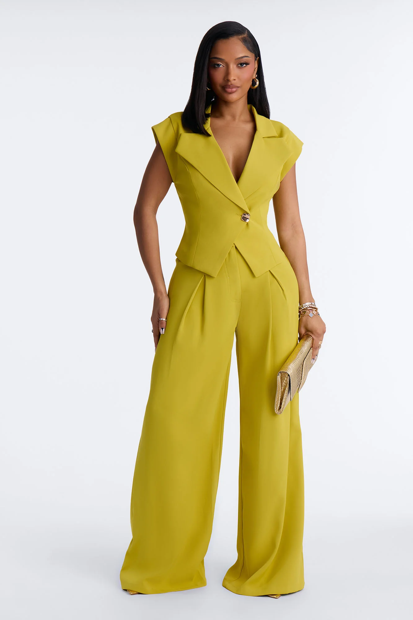 Feeling Polished Cinched Vest Pant Set - Chartreuse