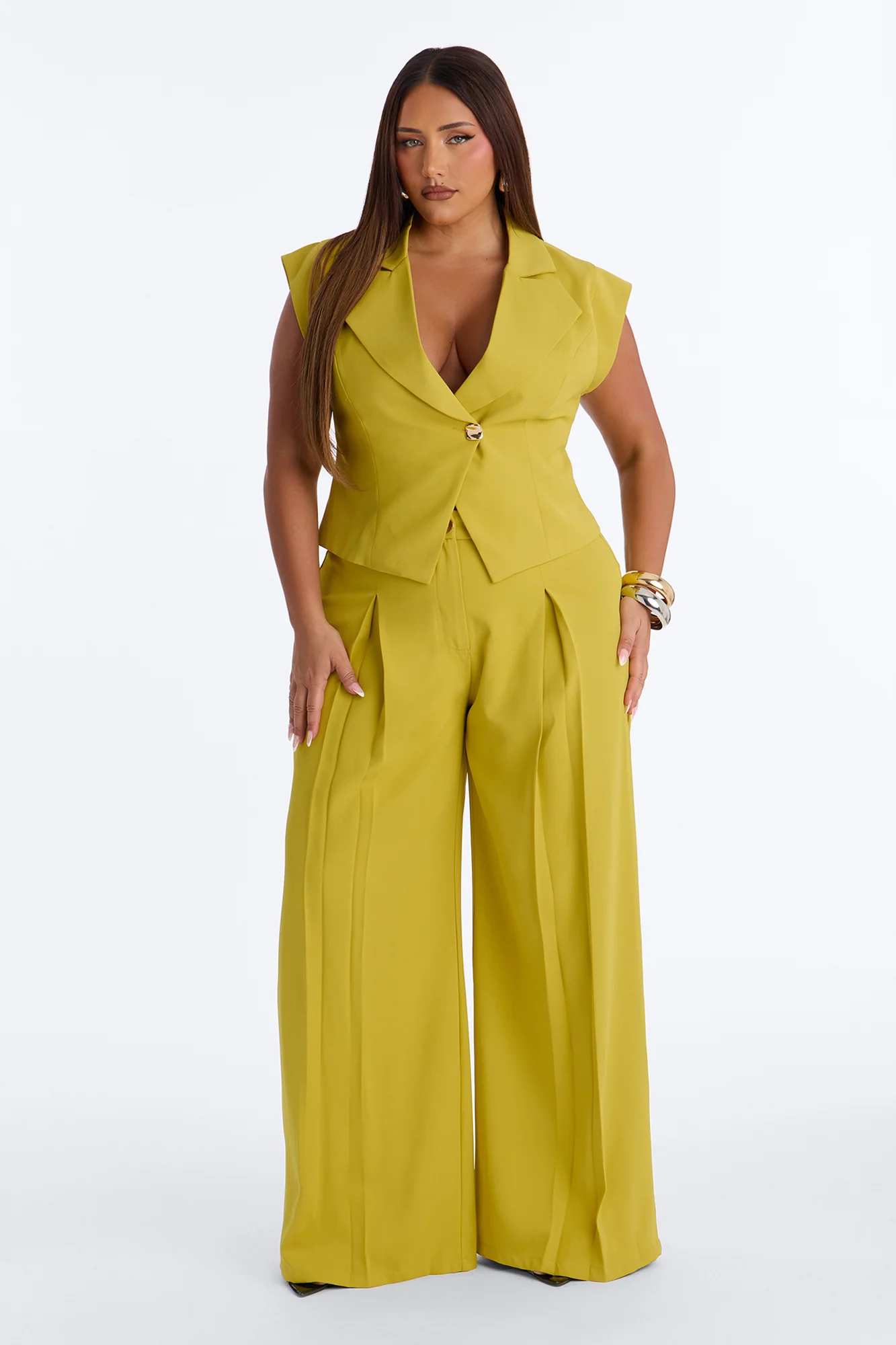 Feeling Polished Cinched Vest Pant Set - Chartreuse - Image 5