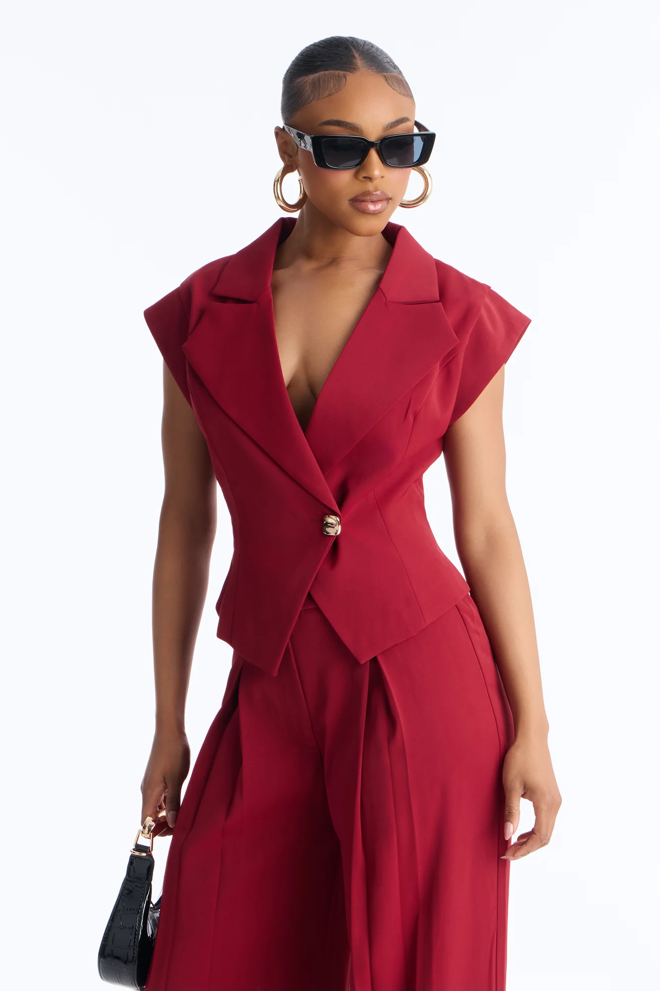 Feeling Polished Cinched Vest Pant Set - Burgundy - Image 2
