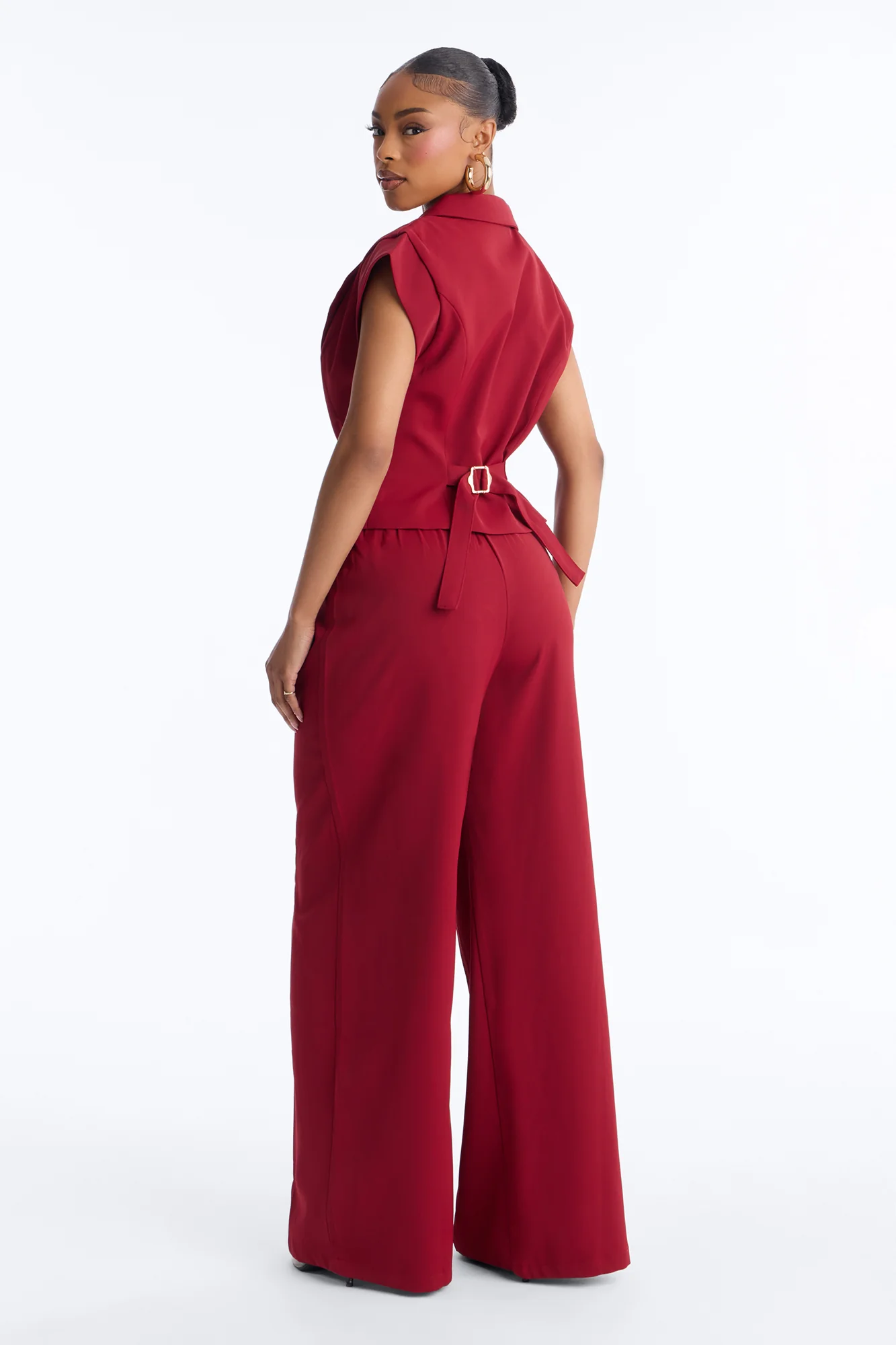 Feeling Polished Cinched Vest Pant Set - Burgundy - Image 4