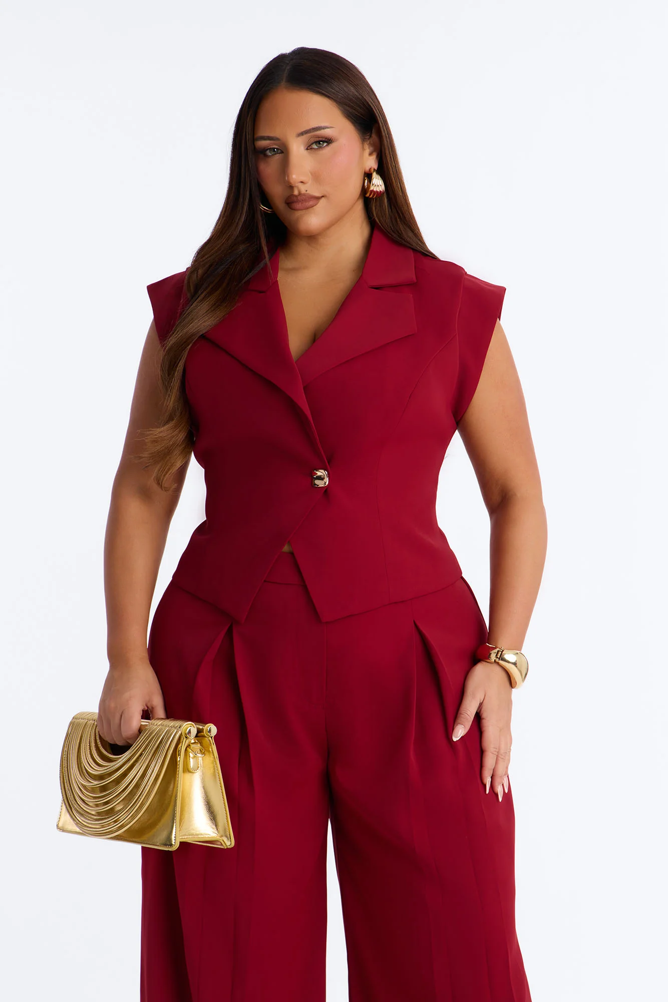 Feeling Polished Cinched Vest Pant Set - Burgundy - Image 7