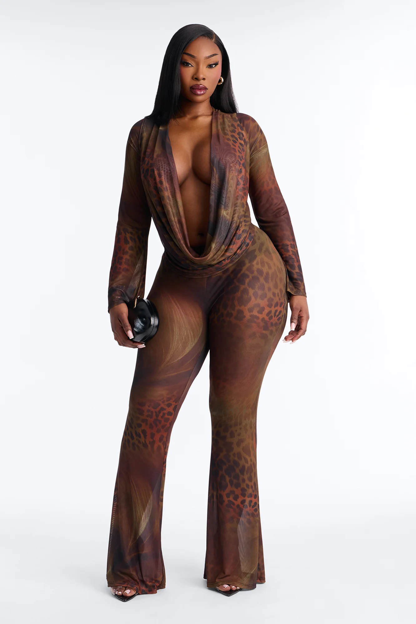Feeling Tempted Cowl Leopard Mesh Pant Set - Brown/combo - Image 4