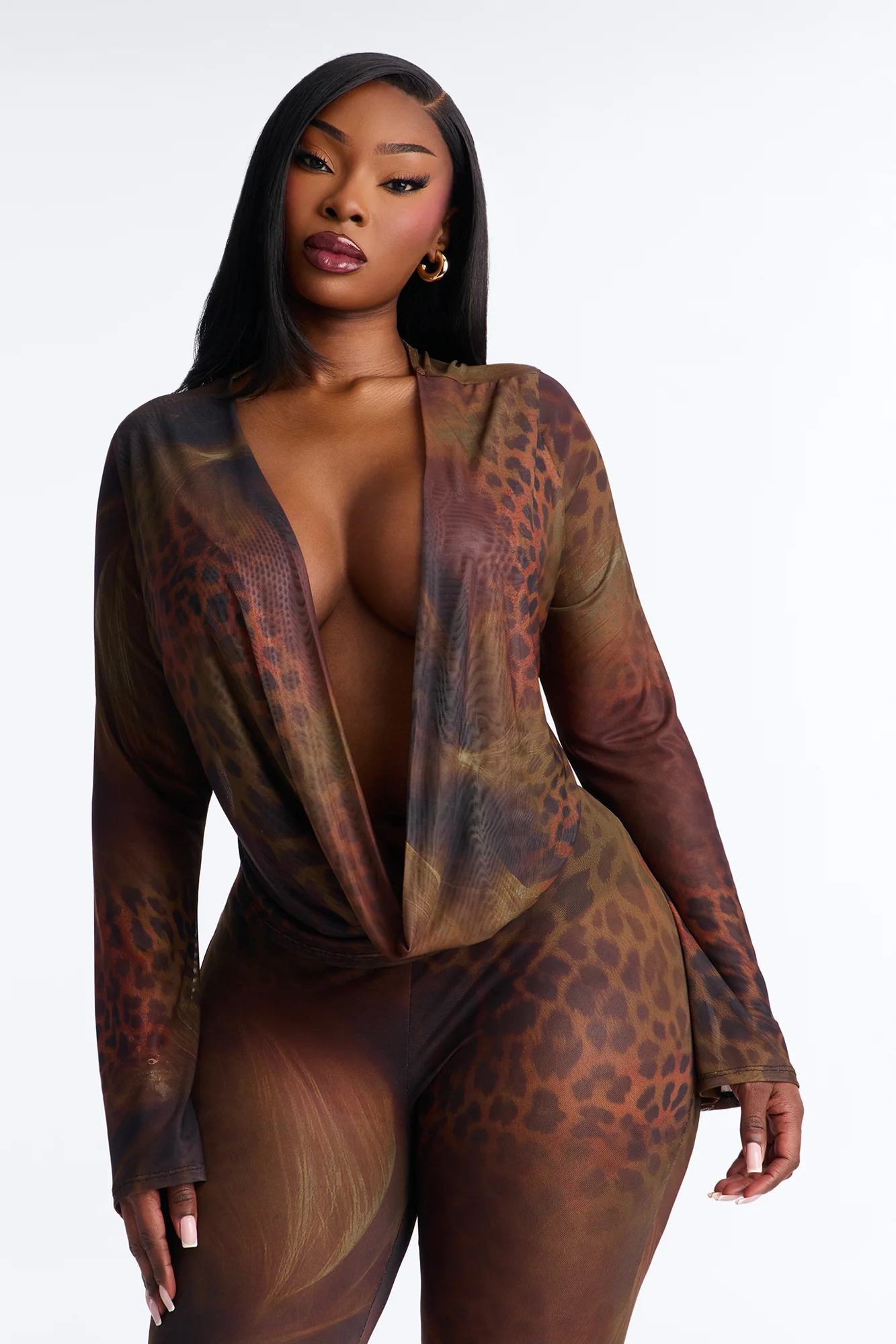 Feeling Tempted Cowl Leopard Mesh Pant Set - Brown/combo - Image 5