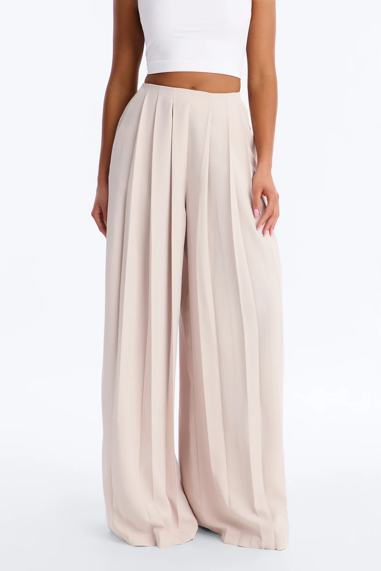 Feminine Feel Crepe Wide Leg Pant 33″ - Beige - Image 2