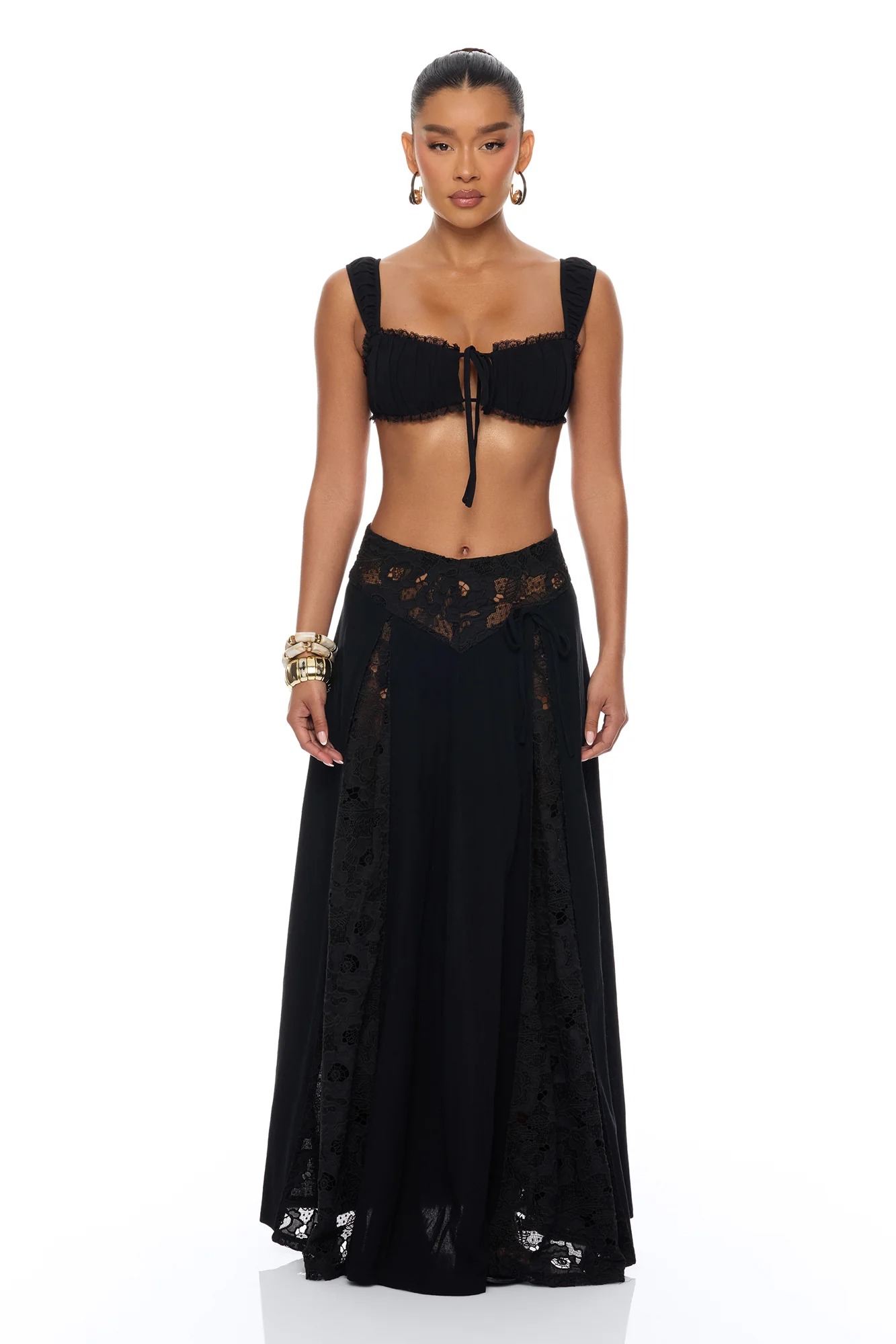 Femme Muse Lace Linen Skirt Set - Black