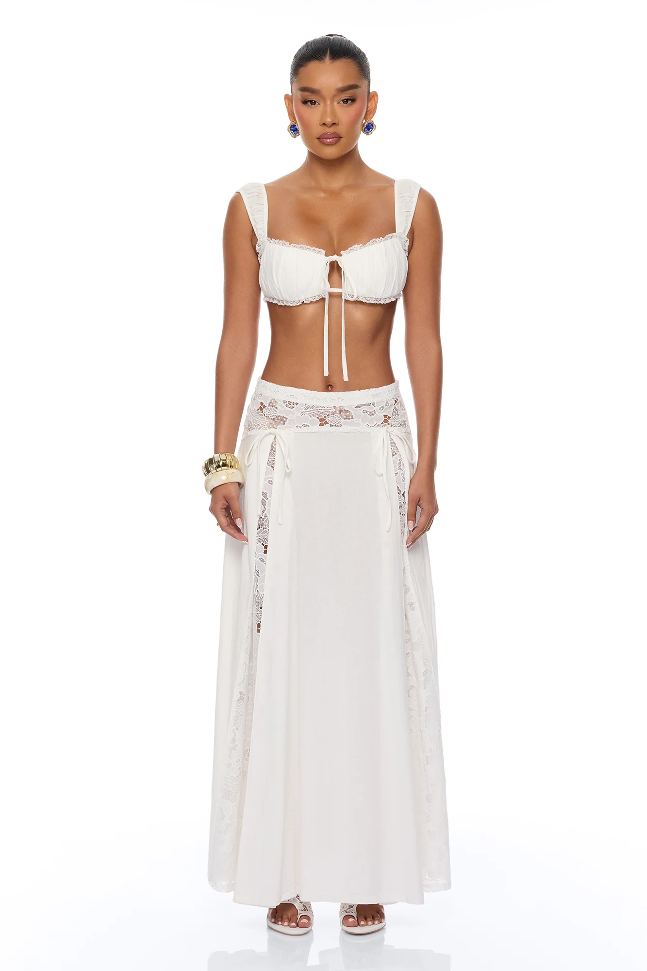 Femme Muse Lace Linen Skirt Set - White